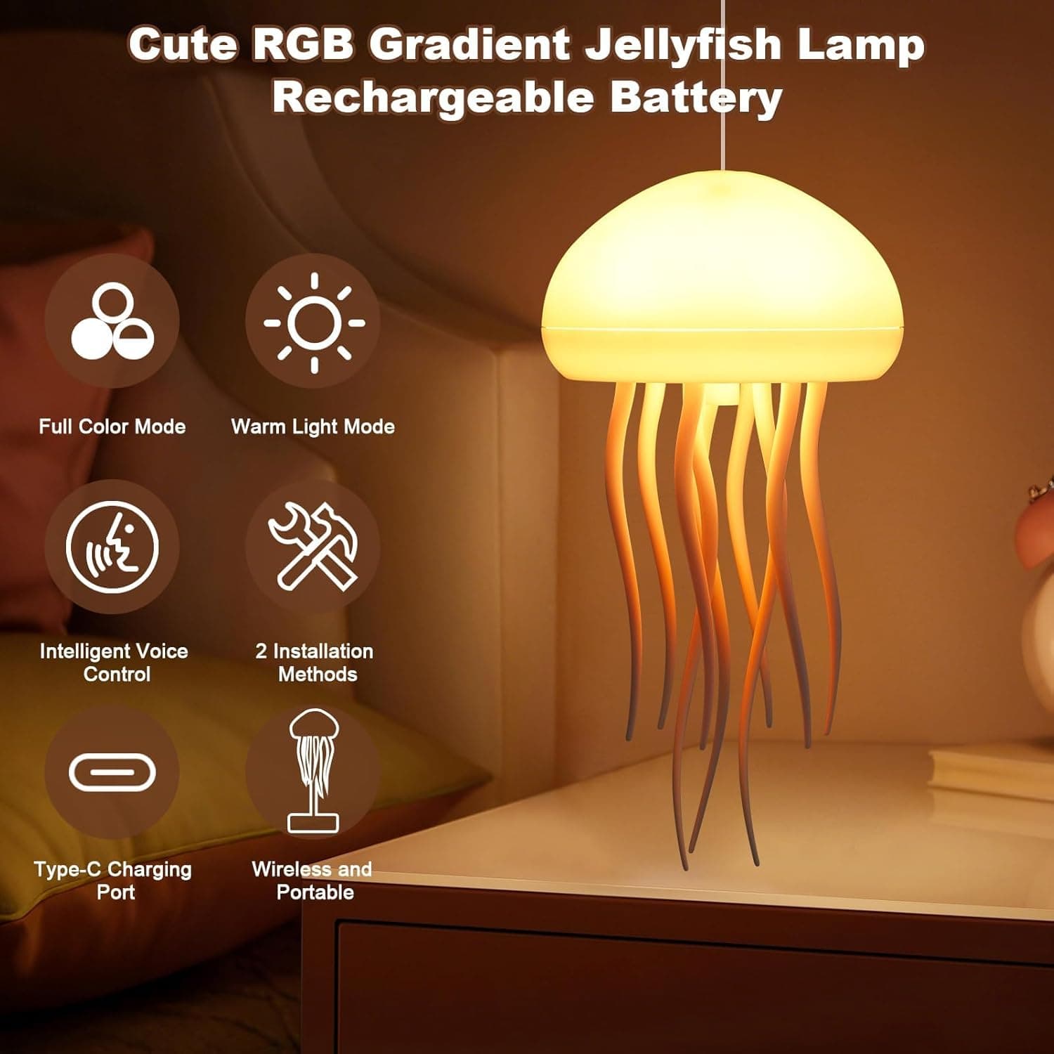 Jellyfish Lamp, Voice Control Jellyfish Lamp with Dancing Legs, RGB Gradient Jellyfish Bedside Lamp, Rechargeable Jellyfish Table Lamp with Touch Sensor, Christmas Gifts (Hanging + Base) - Image 5