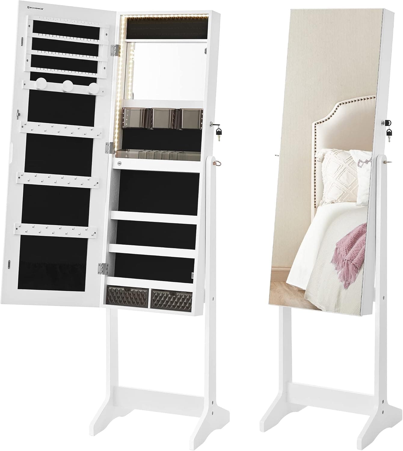 SONGMICS Mirror Jewelry Cabinet Standing Armoire Organizer, Jewelry Storage with Full-Length Frameless LED Lights, Built-in Makeup Mirror, 2 Drawers, Lockable, White UJJC023W01 - Image 10