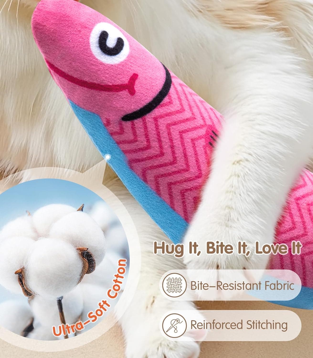 Juguetes para Gatos con [5000mg A+Hierba Gatera Natural & Silvervine] [Grado Bebé] Juguetes Interactivos Suaves para Morder para Gatos y Gatitos de Interior, [Sonido de Crinkle & Campana] Juguete en Forma de Pez, Vuelve Loco a tu Gato Aburrido con Diversión Azul+Rosa - Image 6