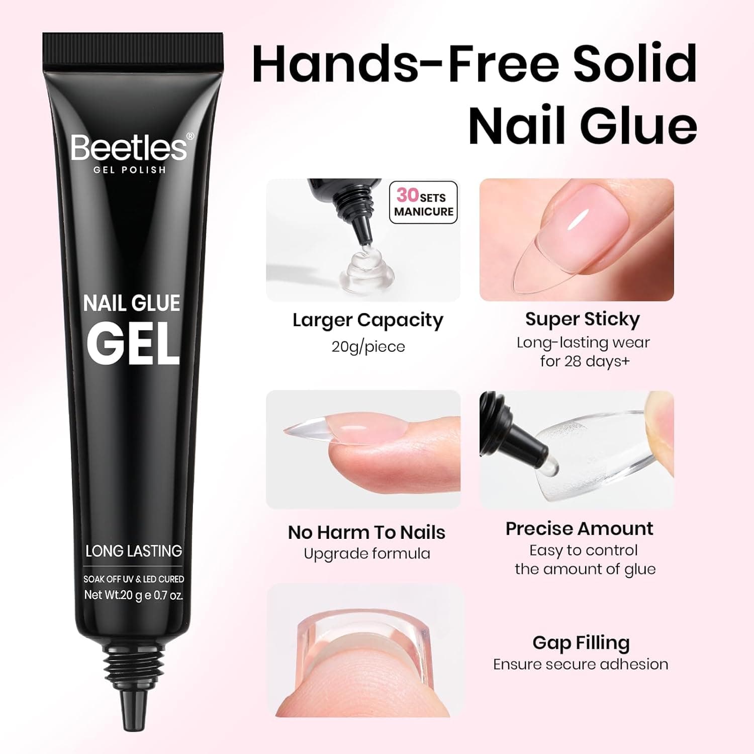 Beetles Tipex Gel Nail Kit, Medium Almond Nail Tips 224 Pcs 16 Sizes Pre-Building Pre-Etched Thick Acrylic Tips with Tipex Glue, Mini Lamp 1L-Almond Medium 224pcs (Tipex Nail Kit) - Image 5