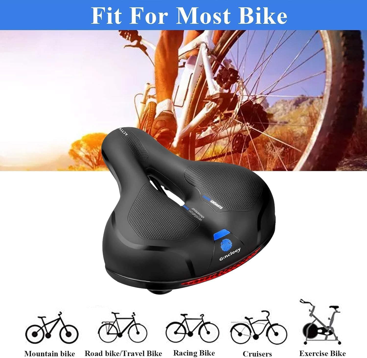 Comfort Bike Seat for Women Men,Wide Bicycle Saddle Replacement Memory Foam Padded Soft Bike Cushion with Dual Shock Absorbing Universal Fit for Indoor/Outdoor Bikes with Reflect A-blue - Image 5
