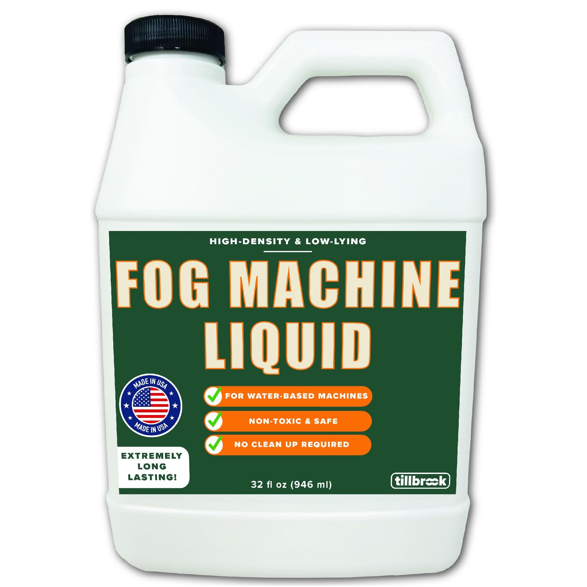 Fog Machine Liquid - 32 oz Tillbrook Fog Machine Fluid - High Density & Long-Lasting Fog Juice - Low-Lying, Universal, Water-Based Solution for Spooky Halloween Parties, Haunted Houses, & Concerts