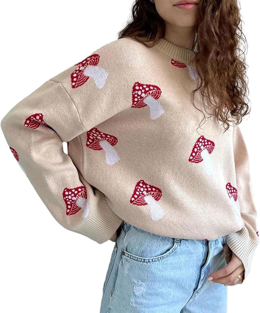 Apvirdy Mushroom Sweater Women Crewneck Long Sleeve Knit Sweater Loose Cute Graphic Pullover Sweater Apricot Mushroom Sweater Small