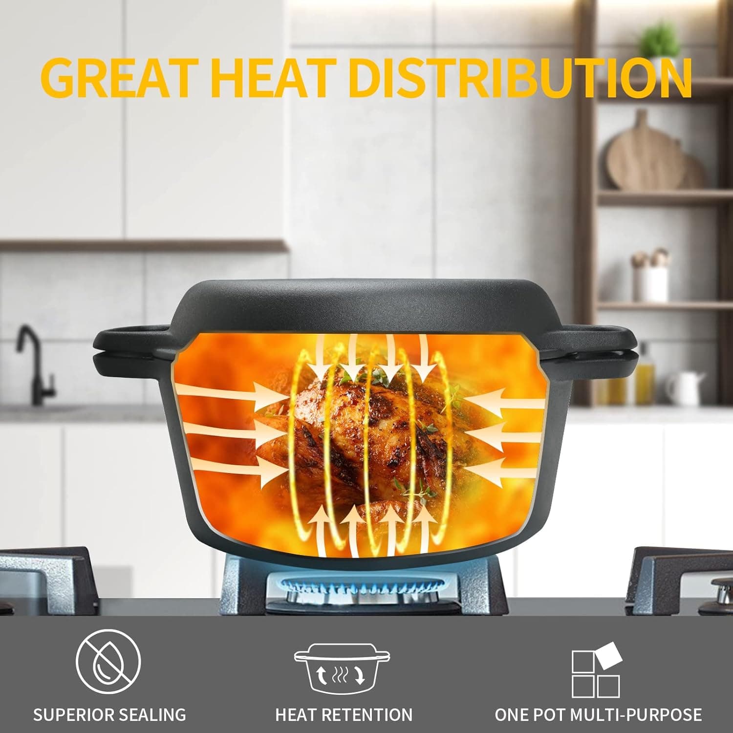 2-in-1 Pre-Seasoned Cast Iron Dutch Oven Pot with Skillet Lid Cooking Pan, Cast Iron Skillet Cookware Pan Set with Dual Handles, Indoor Outdoor for Bread/Frying/Baking/Camping/BBQ, 5 Qt 5QT - Image 8