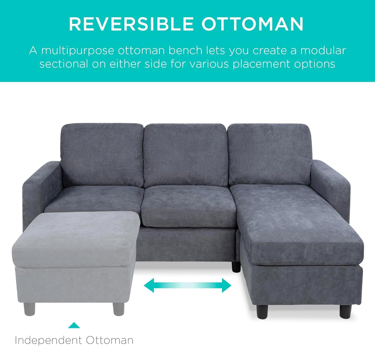 Best Choice Products Upholstered Sectional Sofa for Home, Apartment, Dorm, Bonus Room, Compact Spaces w/Chaise Lounge, 3-Seat, L-Shape Design, Reversible Ottoman Bench, 680lb Capacity - Blue/Gray - Image 5