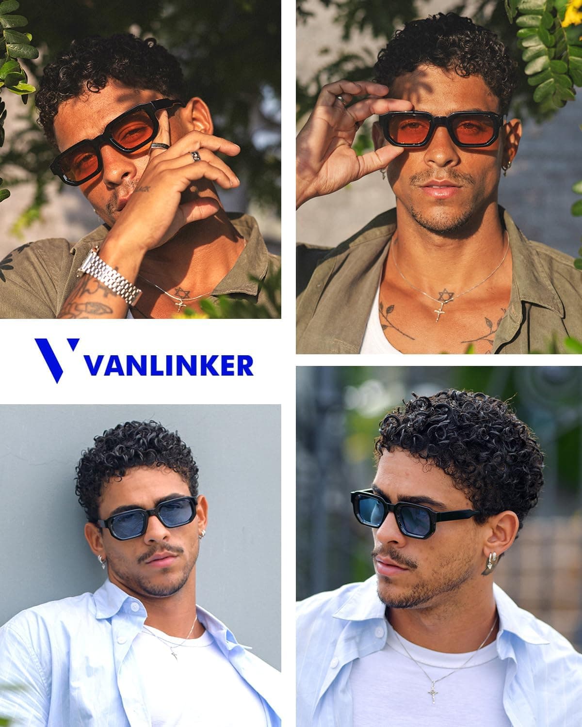 VANLINKER Retro Small Chunky Rectangle Sunglasses for Men Women Vintage Trendy Square Thick Sun Glasses VL9823 C5-orange Lens/Black Frame - Image 4