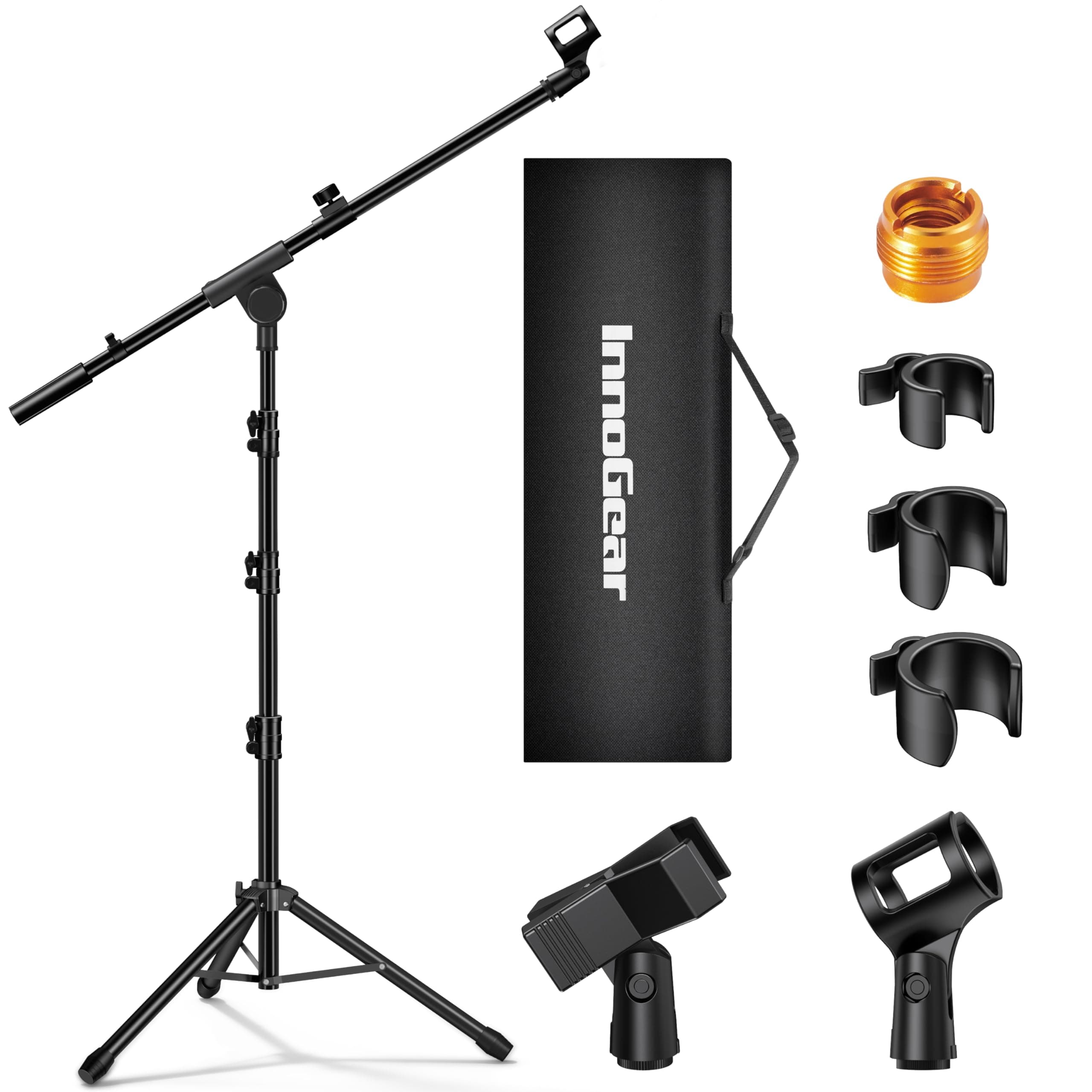 InnoGear Microphone Stand, Tripod Boom Arm Floor Mic Stand Height Adjustable Heavy Duty with Carrying Bag 2 Mic Clips 3/8" to 5/8" Adapter for Singing Podcast for Blue Yeti Shure SM58 SM48 Samson Q2U 1