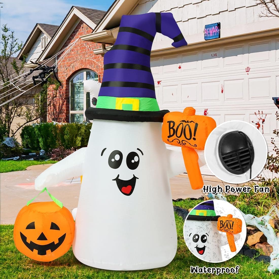 GOOSH 5 FT Halloween Inflatables Ghost Outdoor Decorations Blow Up Yard Cute Wizard Ghost with Pumpkin with Built-in LEDs for Garden Lawn Indoor Party Holiday Decor - Image 5