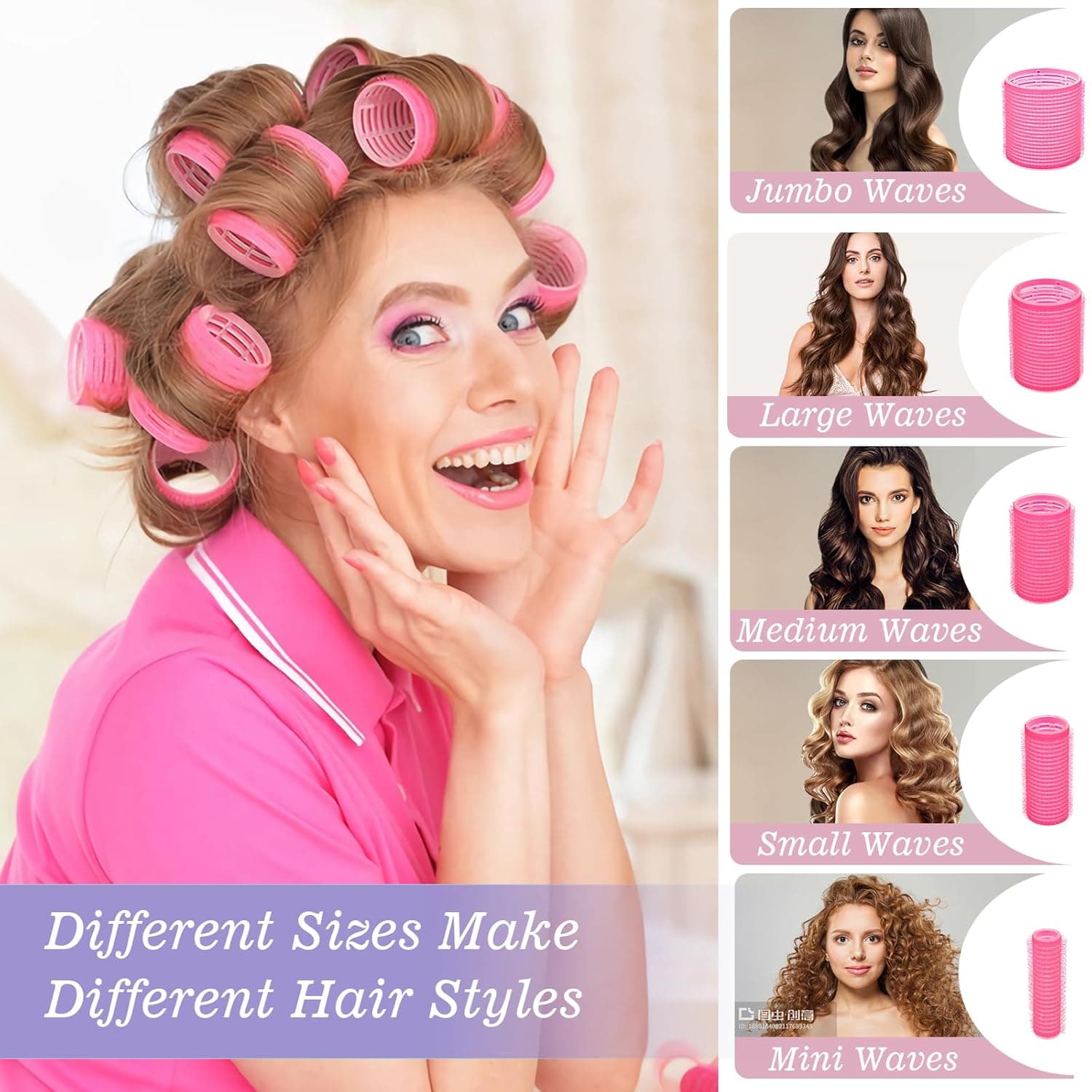 5 Size Hair Rollers, 72Pcs Roller Set, Hair Curlers for Blowout Look Long, Short Hair, Jumbo Large Big Small 30 Hair Rollers, 40 Roller Clips, Tail Comb, Storage Bag pink - Image 5
