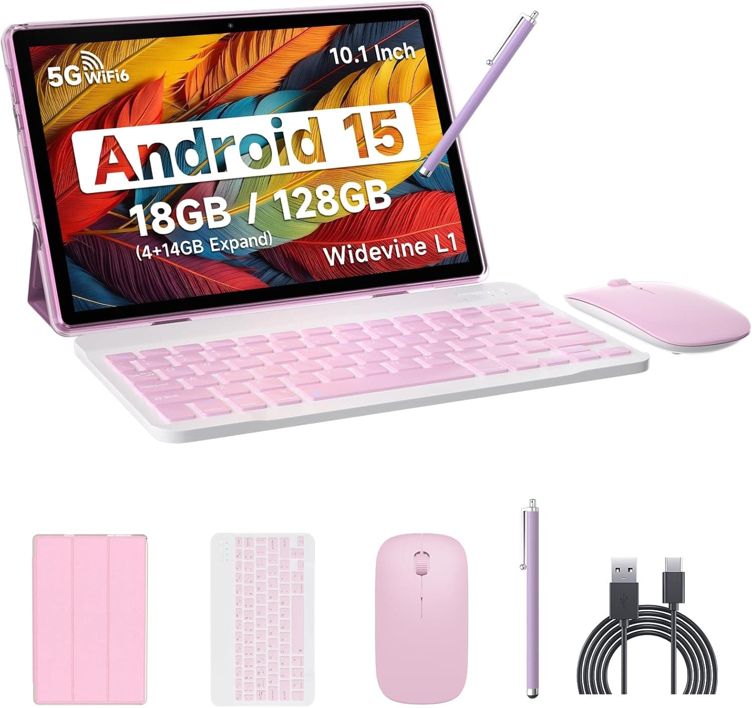Android 15 Tablet, 10 Inch 18GB RAM+128GB ROM/ 2TB Expandable Tablet, 2.0GHz Quad-core Processor, 1280*800 HD Touch Screen, 5G WiFi6 BT 5.0, 2 in 1 Tablets with Keyboard Case Mouse Stylus Pink - Image 2