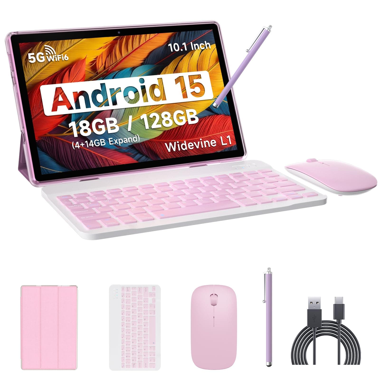 Android 15 Tablet, 10 Inch 18GB RAM+128GB ROM/ 2TB Expandable Tablet, 2.0GHz Quad-core Processor, 1280*800 HD Touch Screen, 5G WiFi6 BT 5.0, 2 in 1 Tablets with Keyboard Case Mouse Stylus Pink
