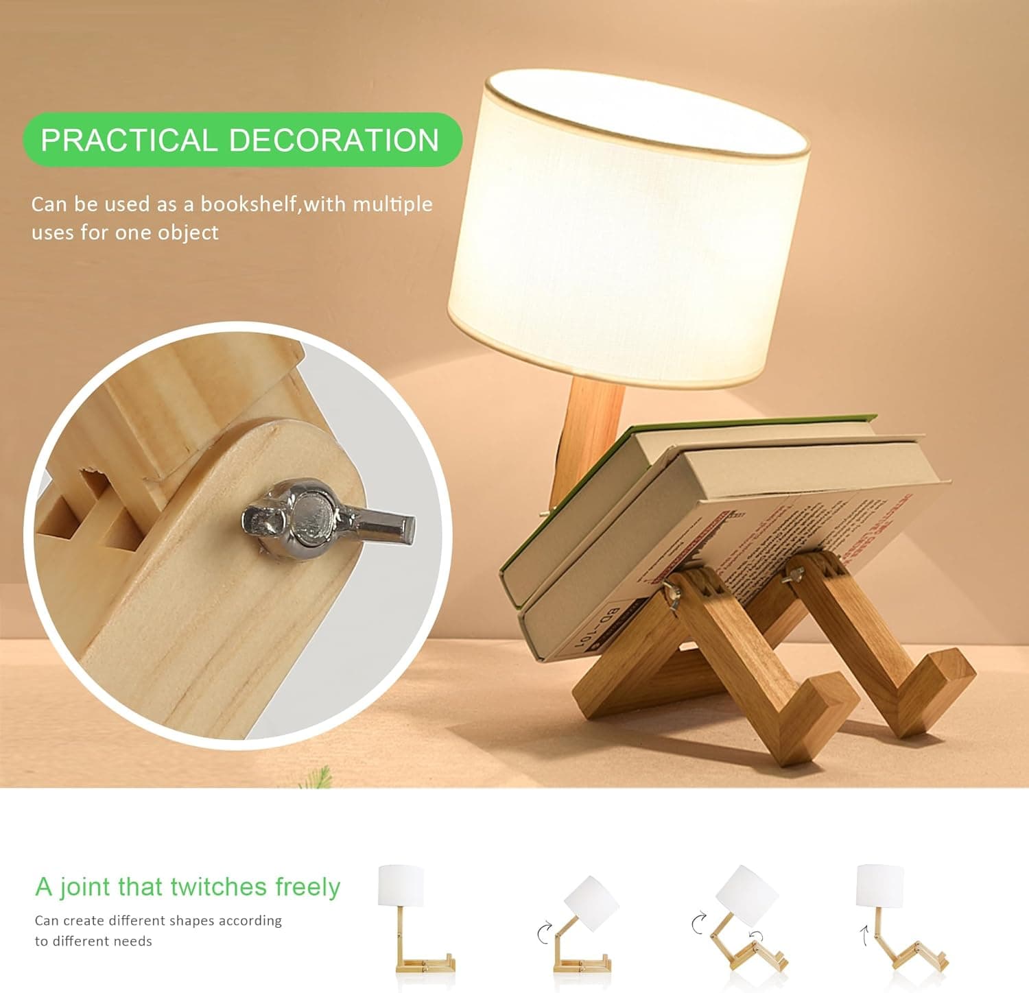 SUNLLOK Bedside Cute Table Lamp with Wood Changeable Base, Vintage White Farbic Lampshade Nightstand Lamp, Industrial Small Reading Desk Light Decor for Living Room, Kids Room, Ktichen Island - Image 3