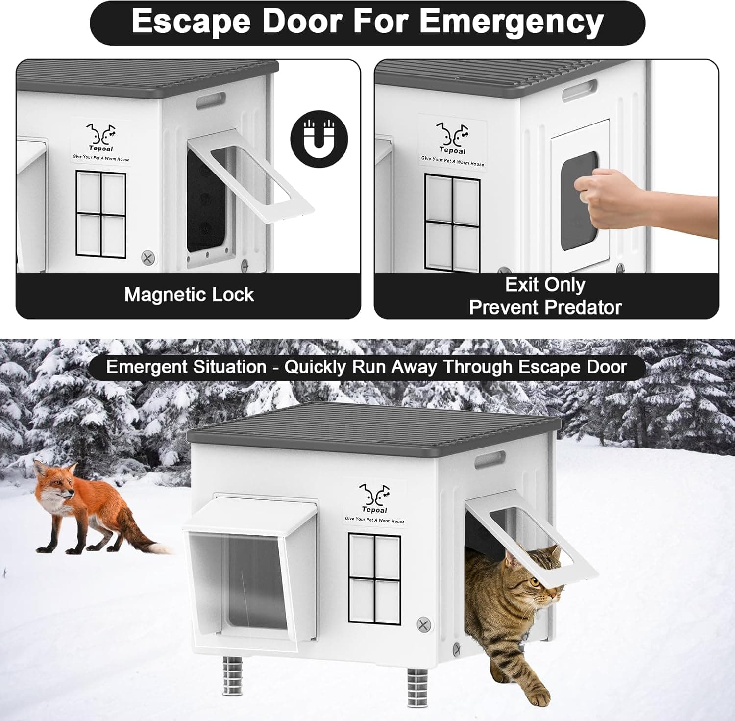 Heated Cat House for Outside, High Insulated Heated Outdoor Cat Shelter 100% Weatherproof with Escape Door, Elevated Outdoor Cat House with Heater for Feral Stray Barn Cat Kitty 17.7"x17"x17.5" Size 17.7" X 17" X 17.5" - Image 6