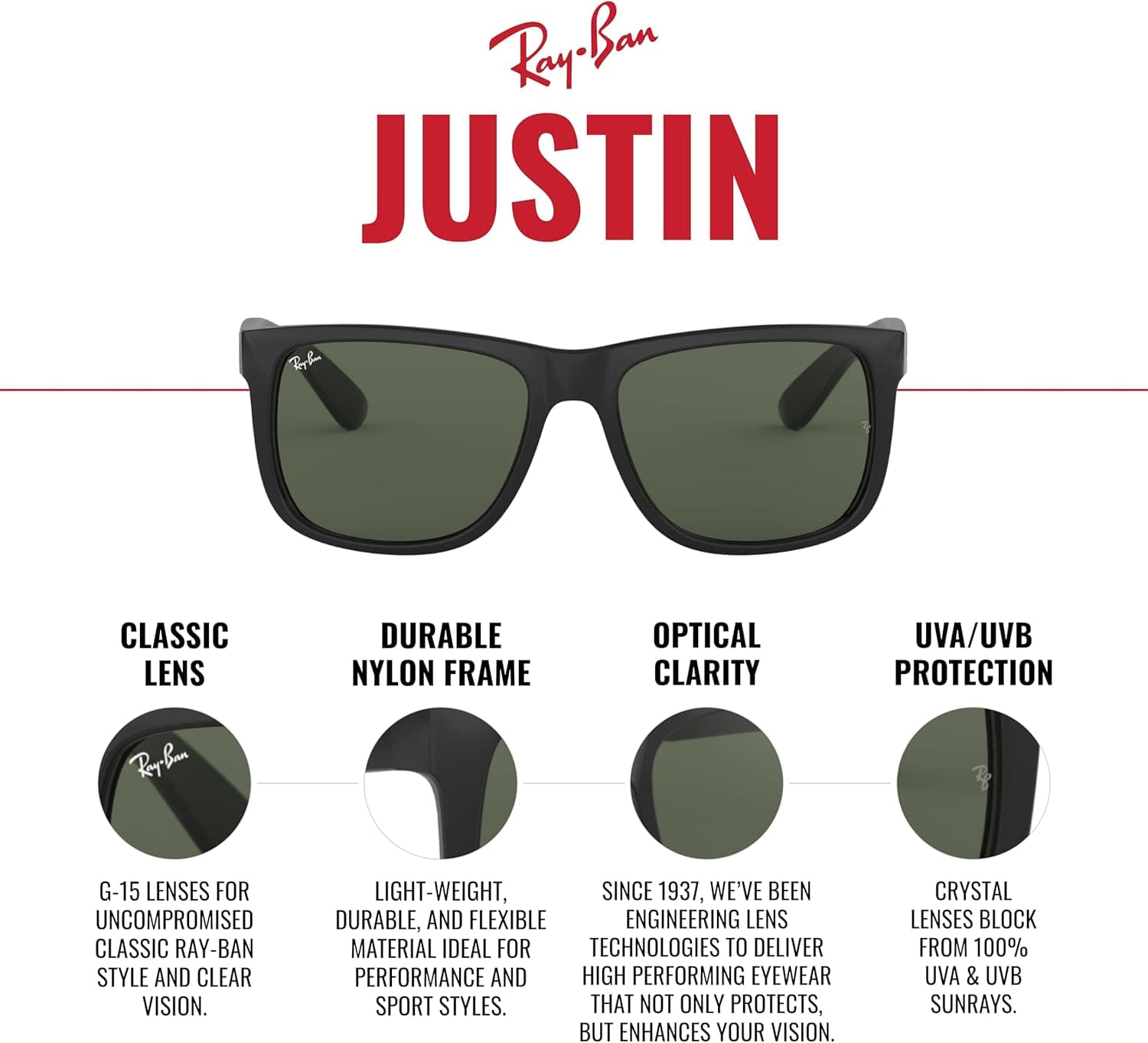 Ray-Ban RB4165 Justin Rectangular Sunglasses Black/Dark Green 55 mm - Image 6