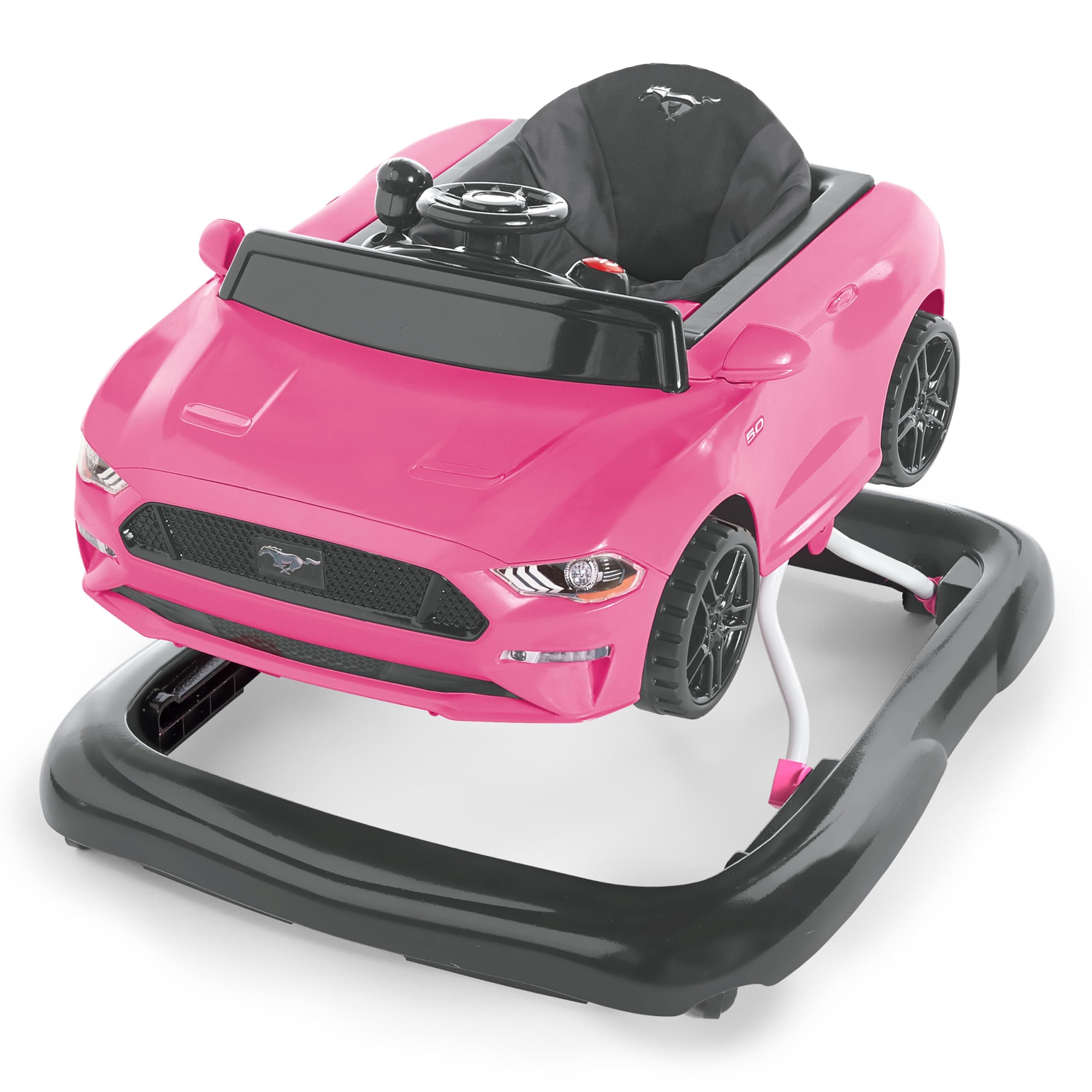 Bright Starts Ford Mustang 4-in-1 Pink Baby Activity Center & Push Walker with Removable Interactive Steering Wheel -Toy, 6 Months and up Pink Mustang