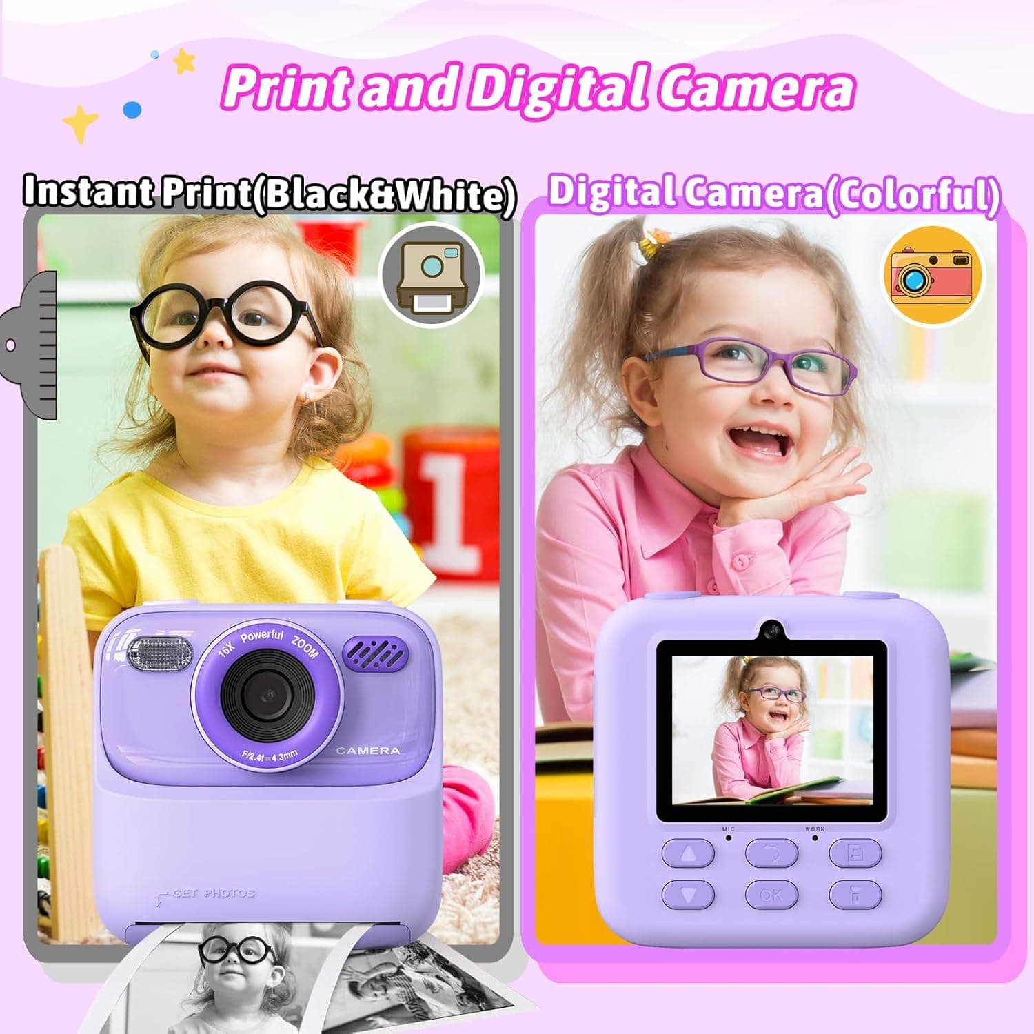 Kids Instant Digital Cameras for Boys and Girls, 1080P HD Dual-Lens Selfie Digital Camera with Print Paper & 32G Card, Christmas Birthday Gifts Toys for Toddler and Teenagers Age 3-16 Years Old Purple - Image 4