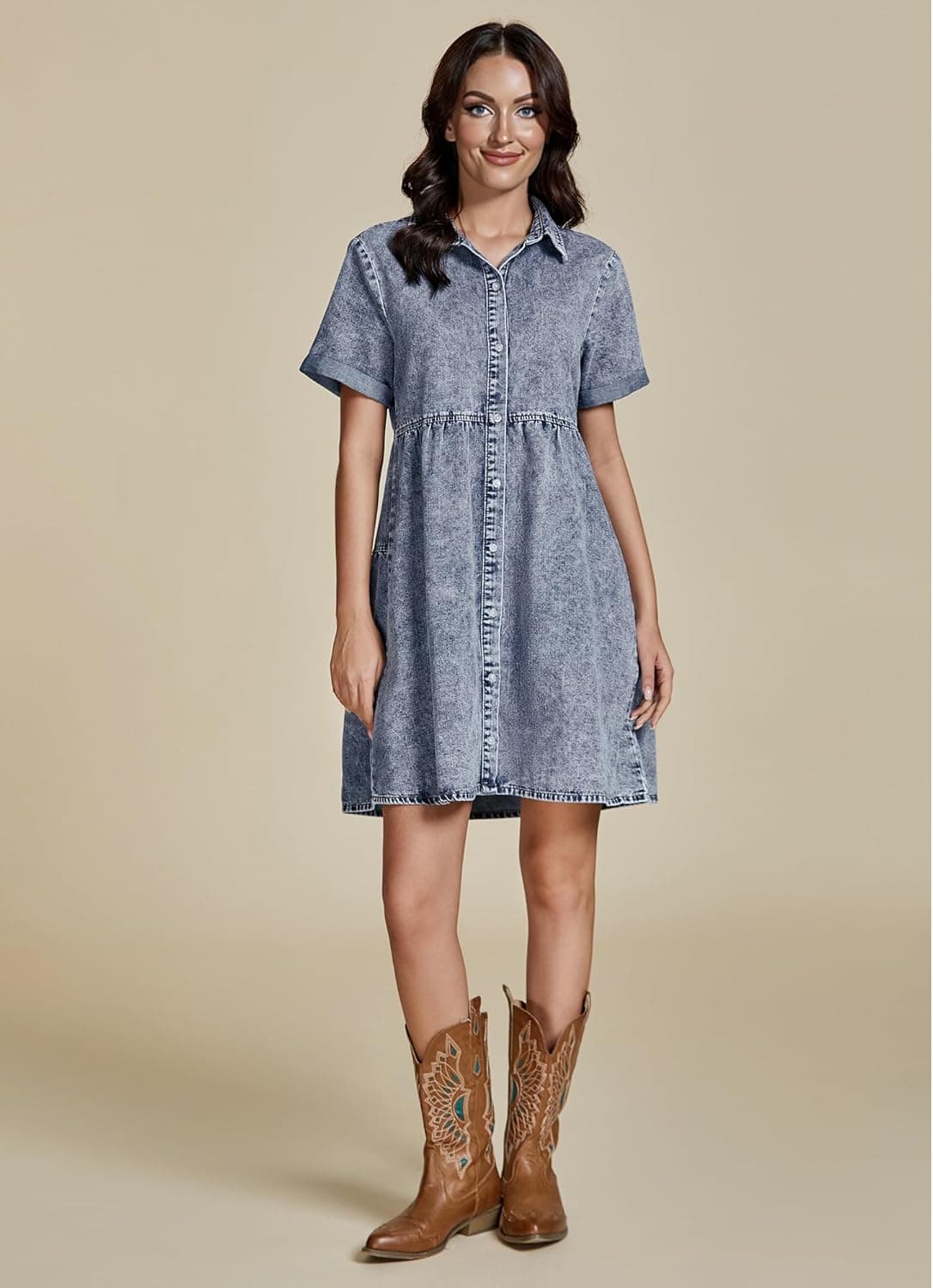 GRAPENT Flowy Summer Dresses para sa Kababaihan 2025 Blue Denim Shirt Dress Short Sleeve Dresses para sa Kababaihan Kulay Bay Blue Baggy Oversized Jean Dress para sa Spring & Summer Medium Size 8 Size 10 - Image 5