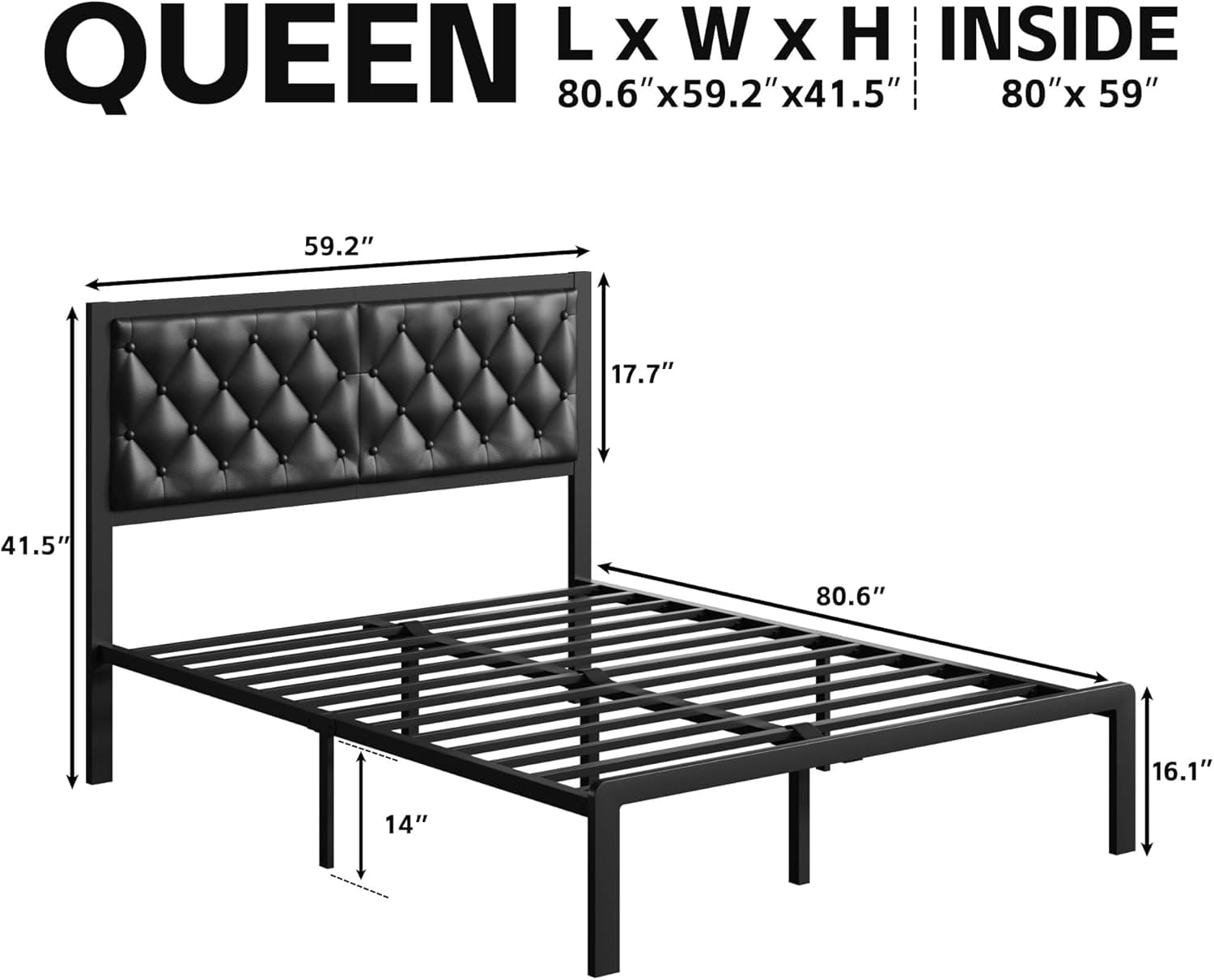 Queen Bed Frame with Headboard PU Leather Upholstered Bed Frame Platform,All Metal Slats Support Platform Bed Frame with Storage Space,Easy Assembly,Noise Free,No Box Spring Needed,Black Black Queen - Image 3