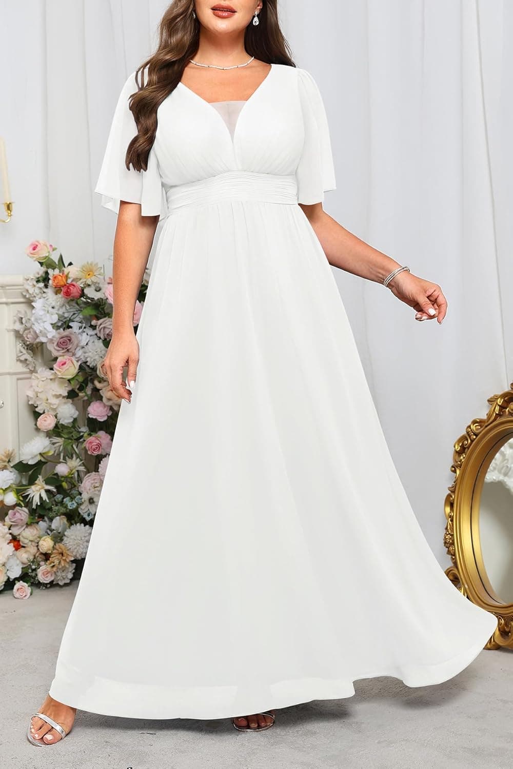 Plus Size Formal Dresses - V Neck Flutter Sleeves Evening Gowns Bridesmaid Wedding Guest Chiffon Long Maxi Dress White 18 Plus - Image 7