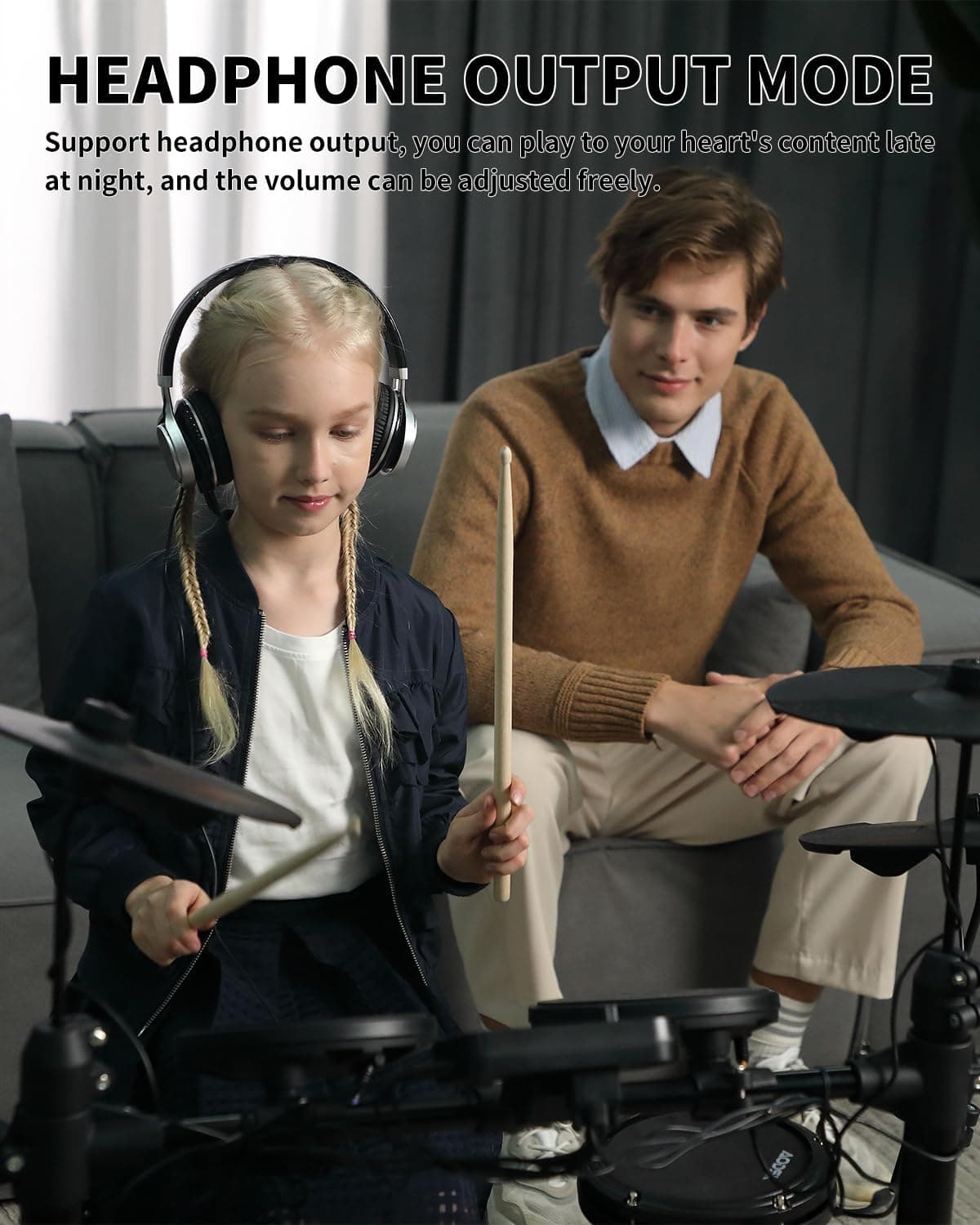 Juego de Batería Eléctrica AODSK para Principiantes con 150 Sonidos, 4 Pads de Batería Silenciosos, 2 Pedales, Silla, Baquetas, Batería Electrónica con Auriculares, AED-400 - Image 6