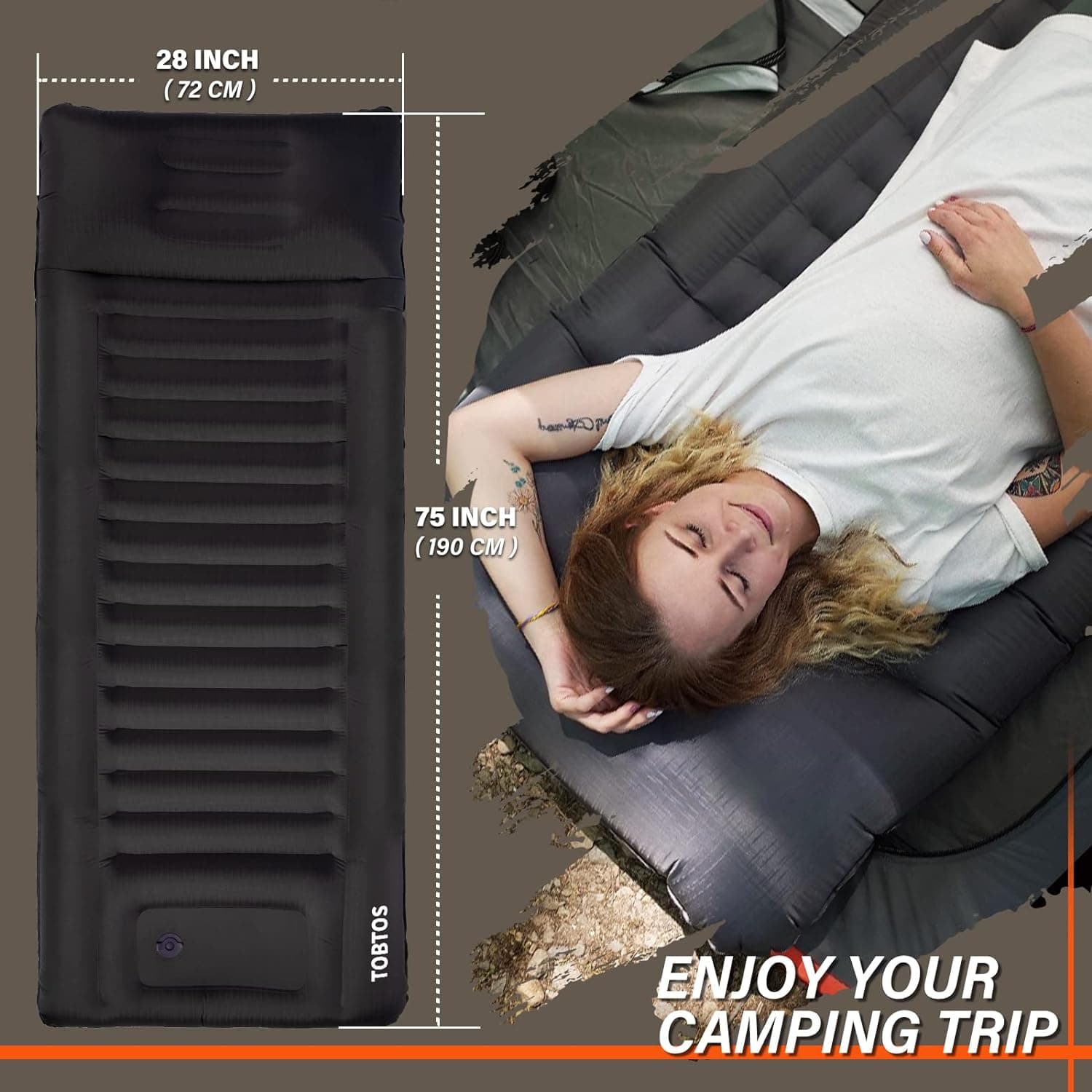 TOBTOS Inflatable Camping Sleeping Pad with Pillow, Thick 6 Inch Ultralight Sleeping Pad with Built-in Pump, Lightweight Sleeping Mat for Camping, Backpacking, Hiking, Tent (Grey) Single A-grey - Image 4