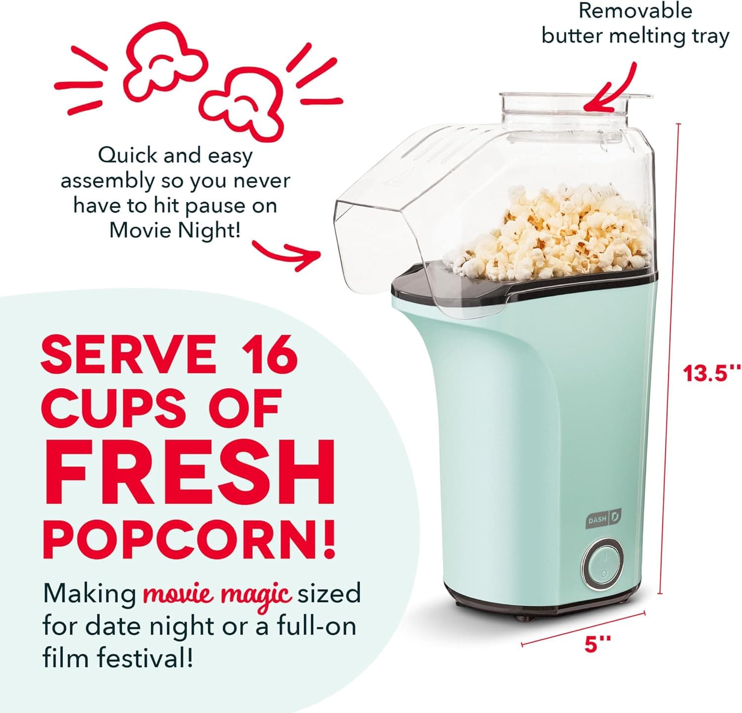 Dash Fresh Pop Popcorn Maker - Oil-Free, Air Popcorn Popper - With Measuring Cup & Recipe Guide - Perfect for Movie Nights - 16 Cups, Aqua Aqua 16 cups - Image 4