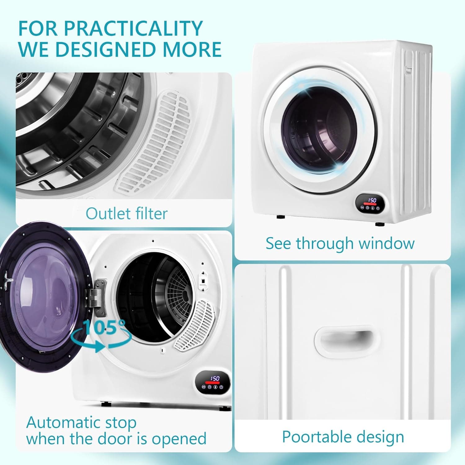 Euhomy Compact Laundry Dryer, 3.5 cu ft Front Load Stainless Steel Clothes Dryers With Exhaust Pipe, 1500W, LCD Control Panel Four-Function Portable Dryer For Apartments, Home, Dorm, White 3.5 Cu.Ft. - Image 6