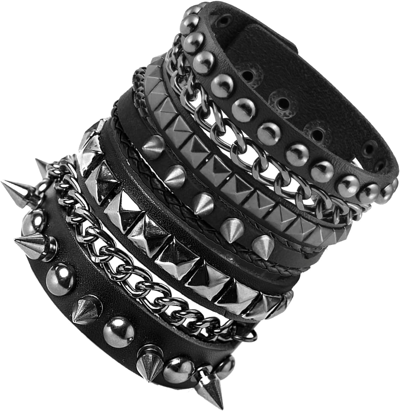 Eigso Leather Punk Rock Cuff Bracelets for Men Women Retro Vintage Chain 80s Wristband Set for Man Woman 3Pcs-C - Image 2
