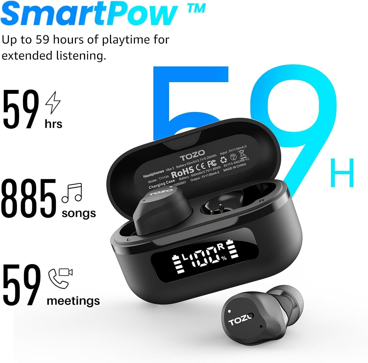 TOZO NC9 Hybrid Active Noise Cancelling Wireless Earbuds, 6 Mics ENC Clear Call, IPX8 Waterproof, in Ear Bluetooth 5.3 Headphones Stereo Bass Ear Buds 59H Playtime with LED Display 32 EQs via APP Dark Black - Image 5