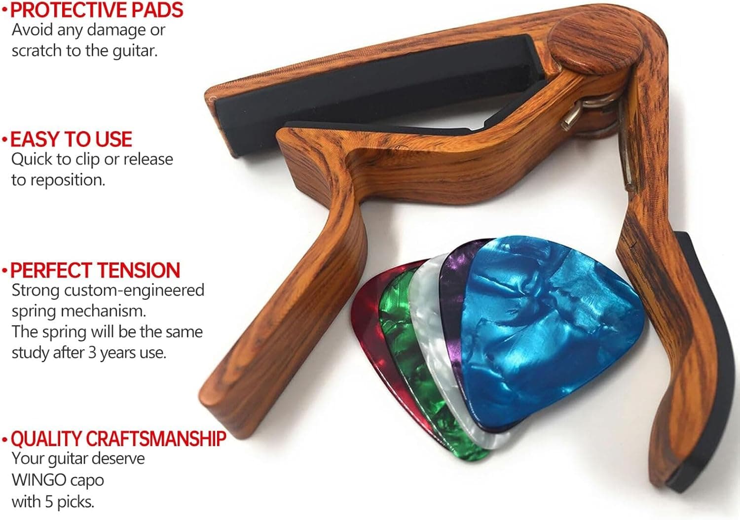 WINGO Guitar Capo for Acoustic and Electric Guitars - Rosewood Color with 5 Picks - Image 4