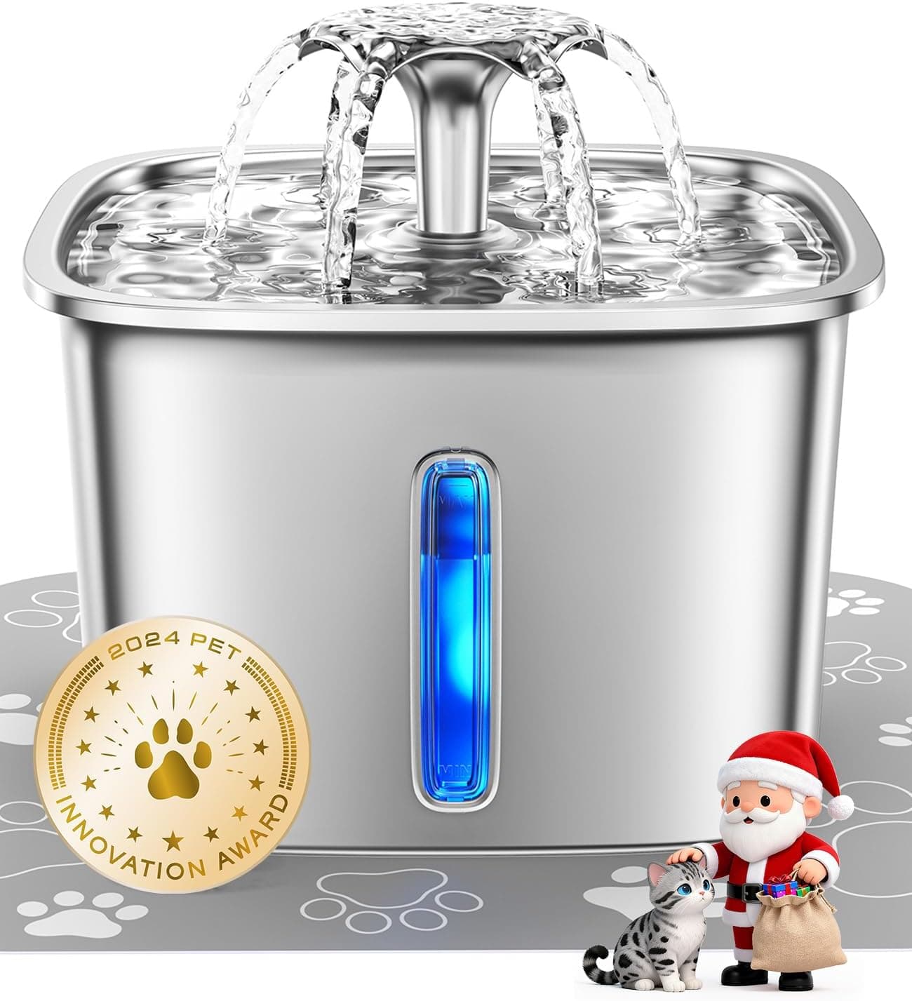 Veken Innovation Award Winner Stainless Steel Cat Water Fountain, 95oz/2.8L Automatic Pet Fountain Dog Water Dispenser with Replacement Filters & Silicone Mat, Gifts for Christmas, Cats, Dogs (Silver) Silver+2 Filters+2 Sponges 95oz - Image 2