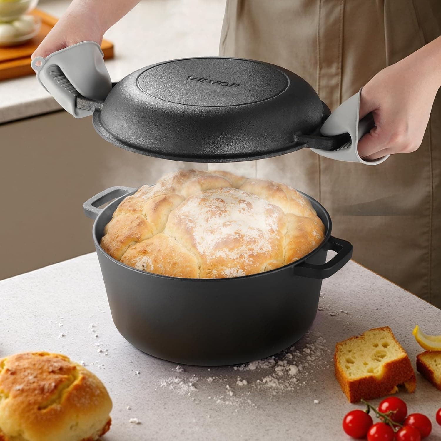 VEVOR Cast Iron Dutch Oven, 2-in-1 Pre-Seasoned Pot with Skillet Lid, 5QT Cookware Pan with Proofing Basket, Bread Baking Accessories, Bread-Oven Compatible 500℉ - Image 9