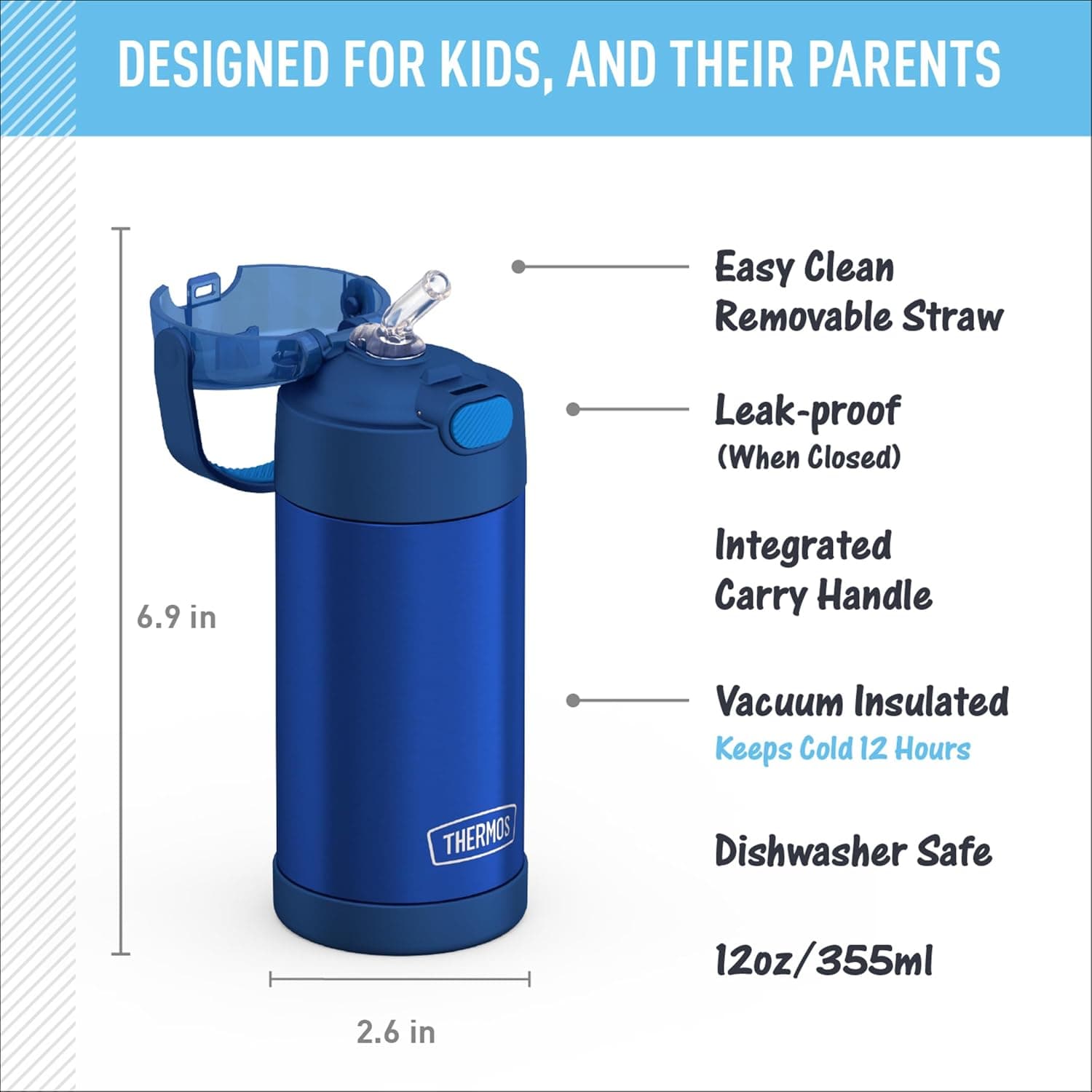 THERMOS FUNTAINER 12 Ounce Stainless Steel Vacuum Insulated Kids Straw Bottle, Blue Navy - Image 4