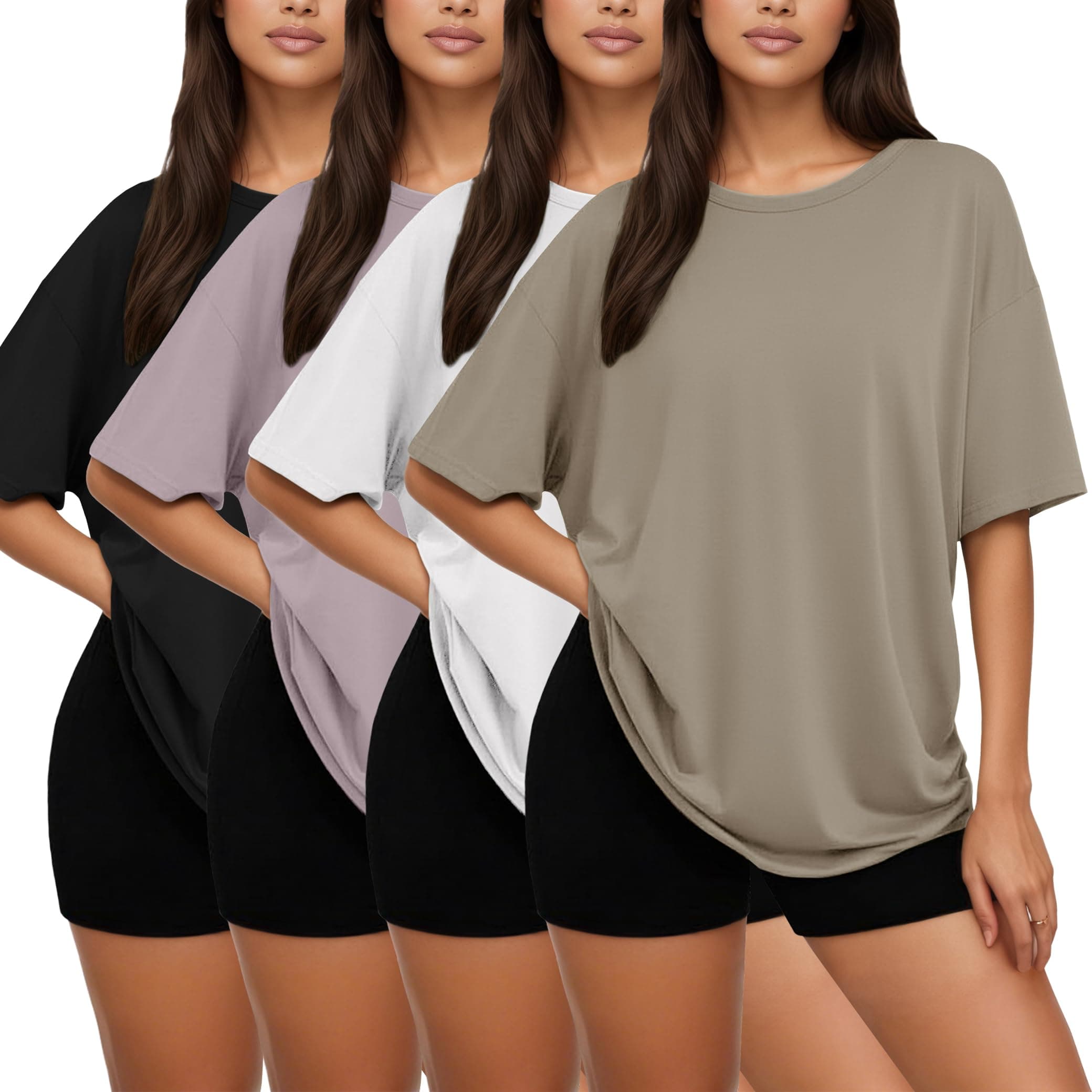 4 Pack Oversized Tshirts for Women, Loose Fit Crew Neck Summer Baggy Tops Workout Tees Plus Size T Shirts 1 Black 1 White 1 Dark Pink 1 Khaki X-Large