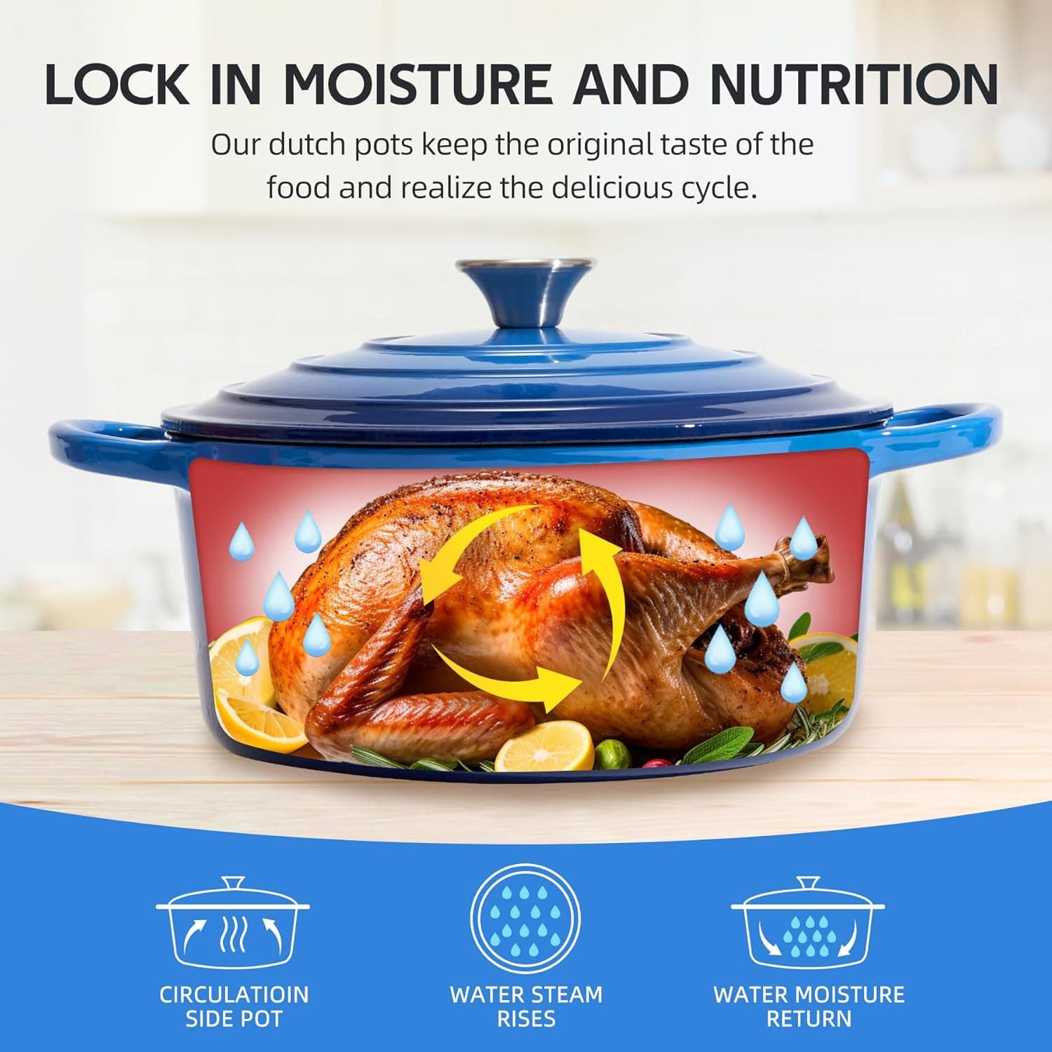 6 Quart Dutch Oven Enameled Cast Iron with Lid - Big Dual Handles - Oven Safe up to 500°F - Classic Round Pot for Versatile Cooking (Blue, 6 QT) 6 QT Blue - Image 5