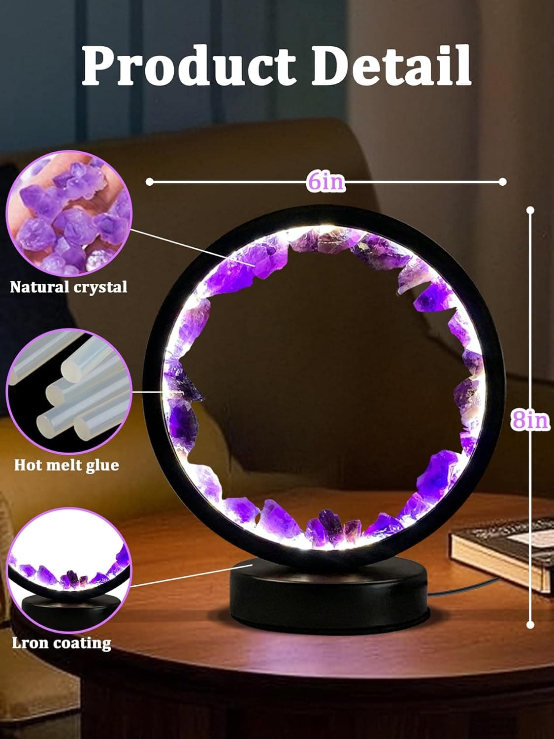 Amethyst Crystal Table Lamp, Natural Healing Crystals Bedside Lamp, 3 Colors Dimming Mode USB Port Night Light Energy Purple Crystal Lamp for Living Room Bedroom Home Decor Birthday Gift for Women - Image 7