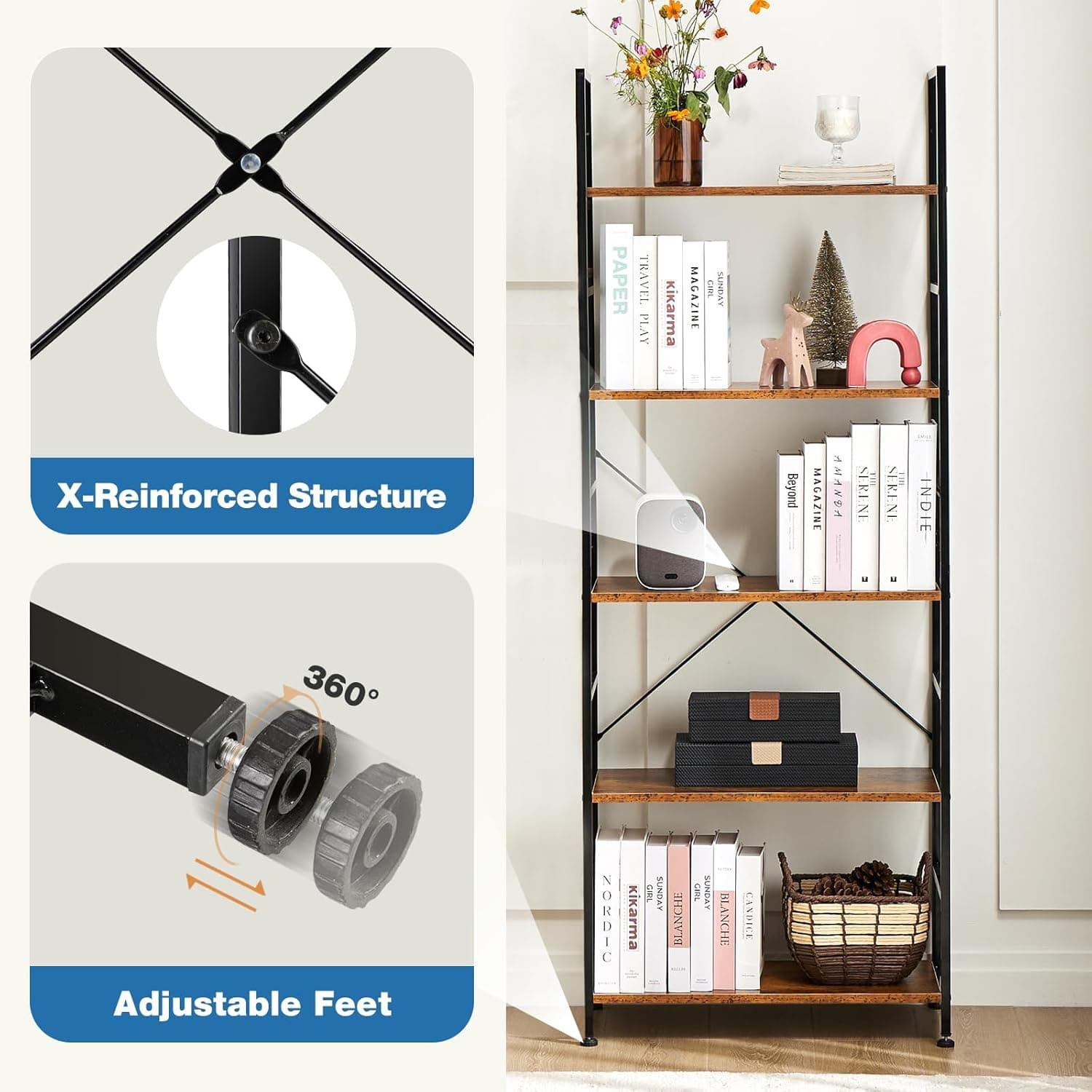 DUMOS 5 Tiers Bookshelf, Classical Modern Book Shelf, Tall Display Shelves in Living Room/Home/Office, Storage Organizer for CDs/Books/Movies, Rustic Brown Rustic Brown 5 Tier - Image 6