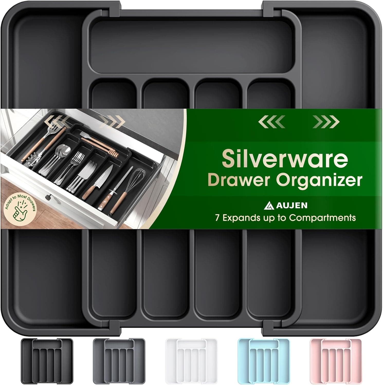 Aujen Silverware Organizer - Expandable Kitchen Drawer Organizer, Adjustable Utensil Organizer, Cutlery Tray for Forks, Knives, Multipurpose Kitchen Organizers and Storage Solution, Black, Medium Medium Black - Image 2