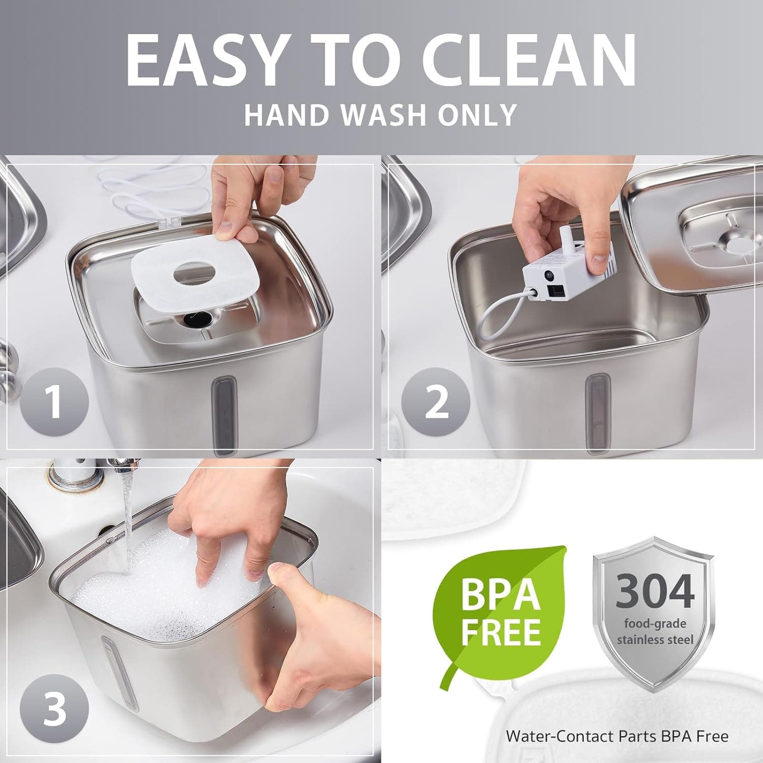 Veken Innovation Award Winner Stainless Steel Cat Water Fountain, 95oz/2.8L Automatic Pet Fountain Dog Water Dispenser with Replacement Filters & Silicone Mat, Gifts for Christmas, Cats, Dogs (Silver) Silver 95oz+2 Filters+2 Sponges - Image 3