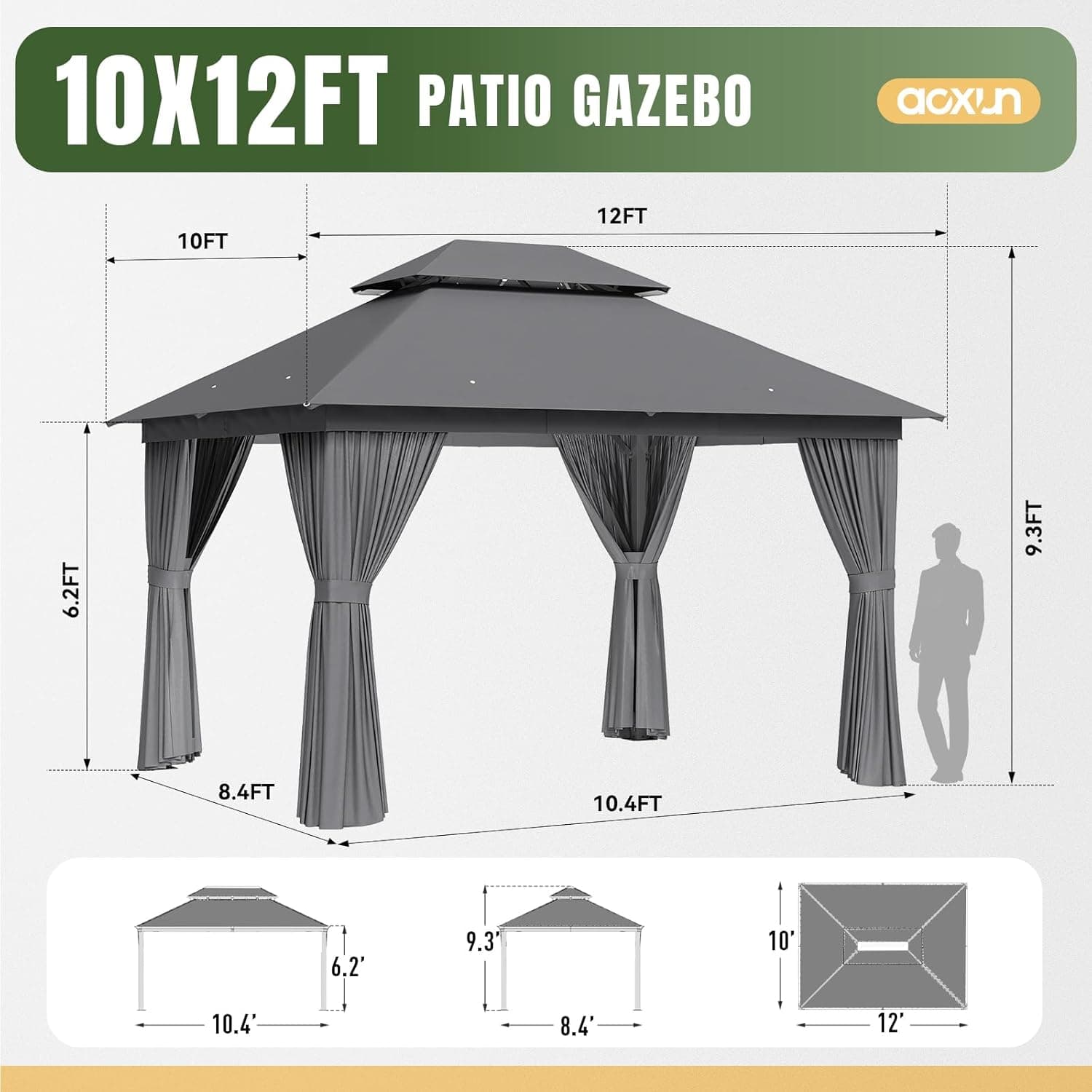 AOXUN Outdoor Gazebo for Patio 10x12, Metal Frame Canopy with Double Roofs, Heavy Duty Party Tent and Shelter with Mosquito Netting and Privacy Screen for Backyard, Lawn, Garden, Deck 10 X 12 Gray - Image 10