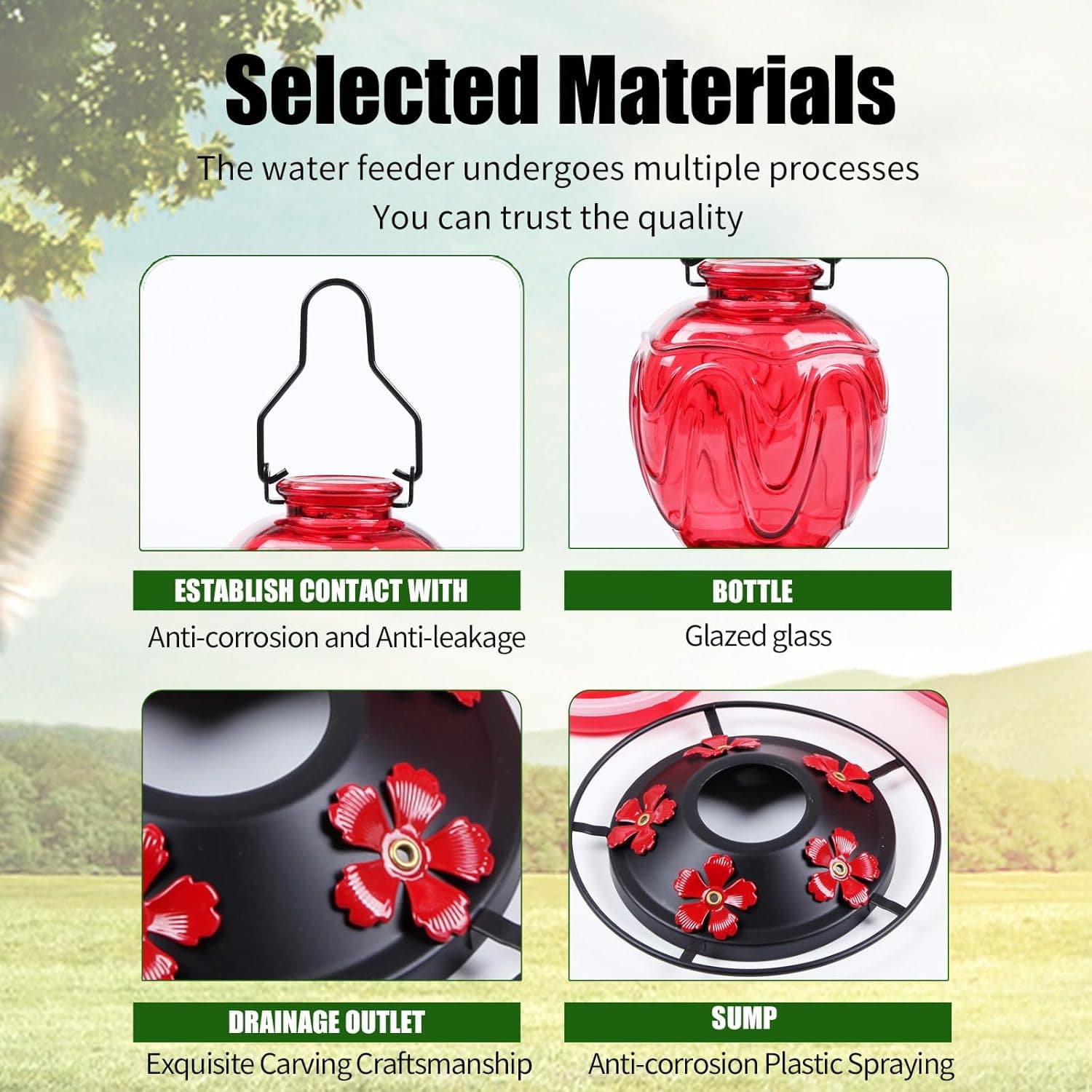 Glass Hummingbird Feeder for Outdoors Hanging, 24Ozs Humming Bird Nectar Feeder w/Perch, 5 Flower Feeding Ports, Leak Proof Base and Hook for Outside Garden Backyard Decor, Gifts for Women Mom, Red - Image 9