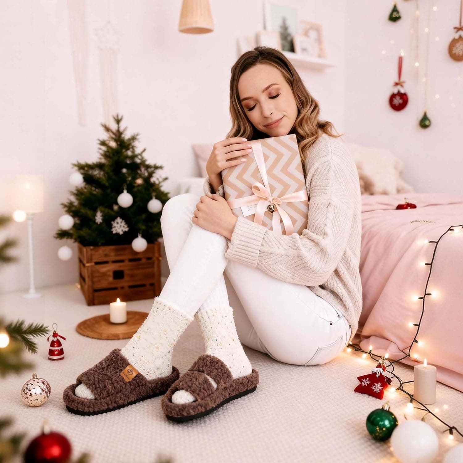 EverFoams Womens Fuzzy Open-toe Slippers Soft Comfy Memory Foam Indoor House Shoes 7-8 Elegant Mocha - Image 3