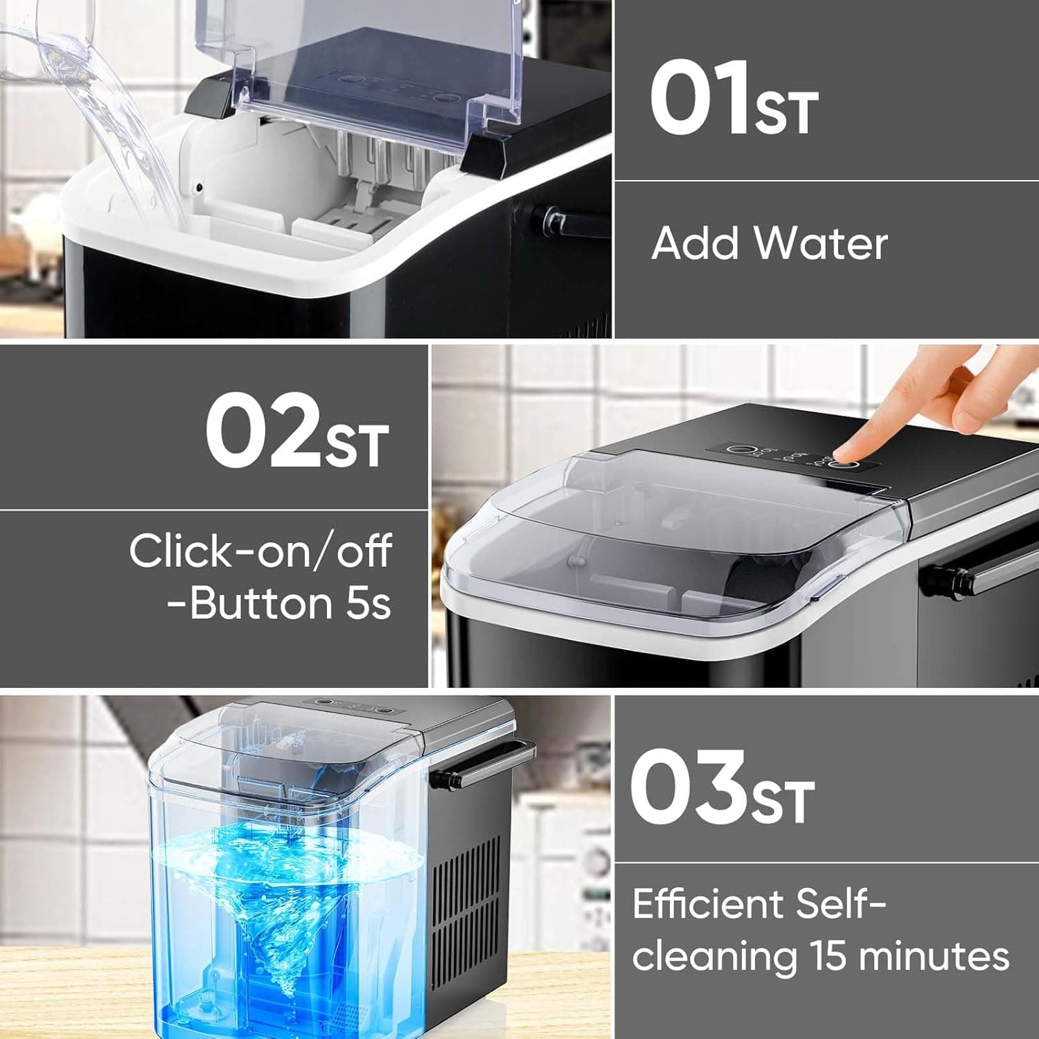 DUMOS Countertop Ice Maker na may Hawakan, 26lbs/24H Portable Ice Machine, 9 Bullet Ice Cubes Handang Sa 6 Mins, Self-Cleaning, Qu - Image 5