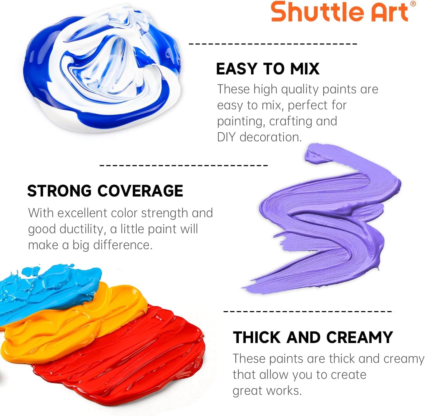 Shuttle Art Acrylic Paint Set, 36 Colors Acrylic Paint with Brushes & Palette, 2oz/60ml Bottles, Rich Pigments Non-toxic for Artists Kids & Adults, Painting on Canvas Rock Ceramic Wood Regular 2 Fl Oz (Pack of 36) - Image 5