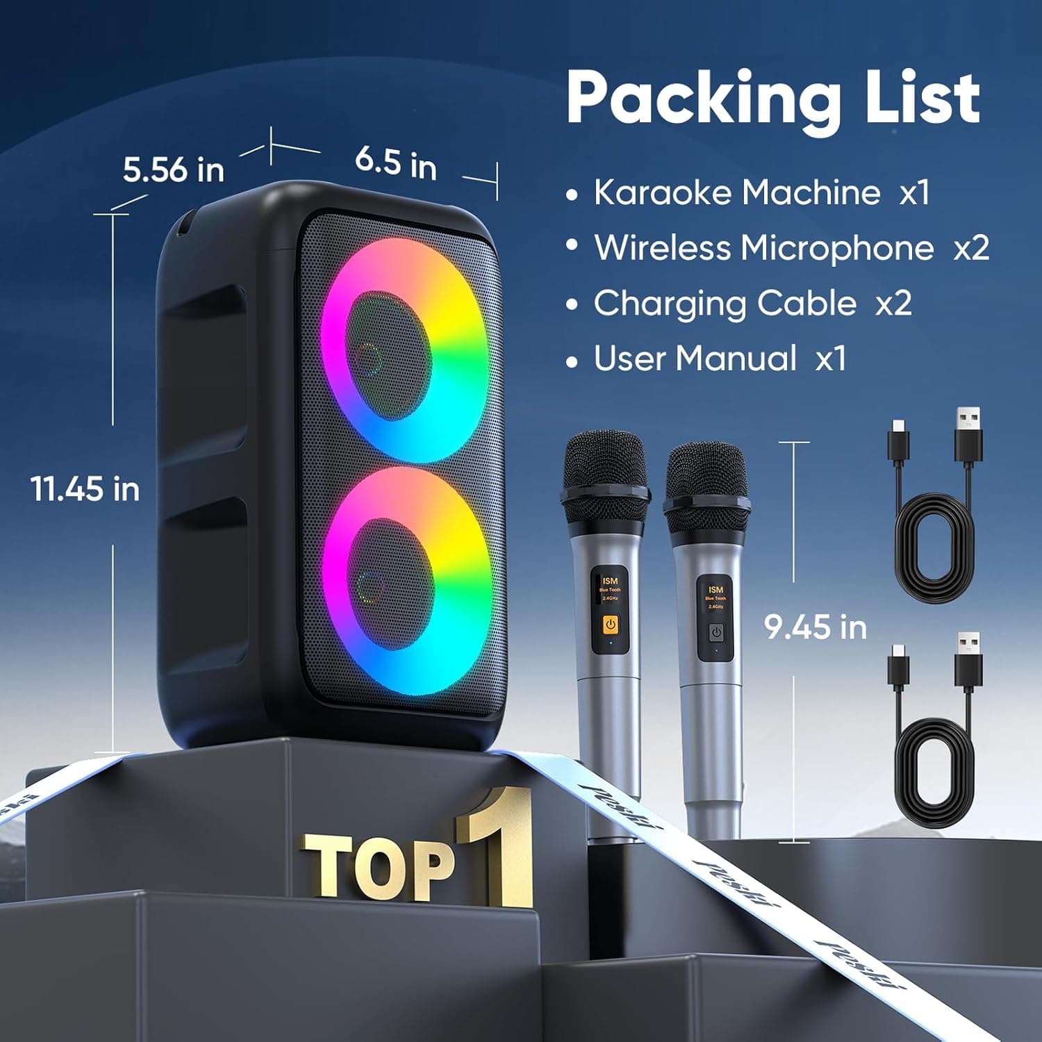 Karaoke Machine for Adults Kids, Portable Bluetooth Speaker with 2 Wireless Microphones, TWS Mode & LED Light, 10H Battery PA System Stage Monitors,Perfect for Home Party Outdoor Birthday Gifts(Black) - Image 9