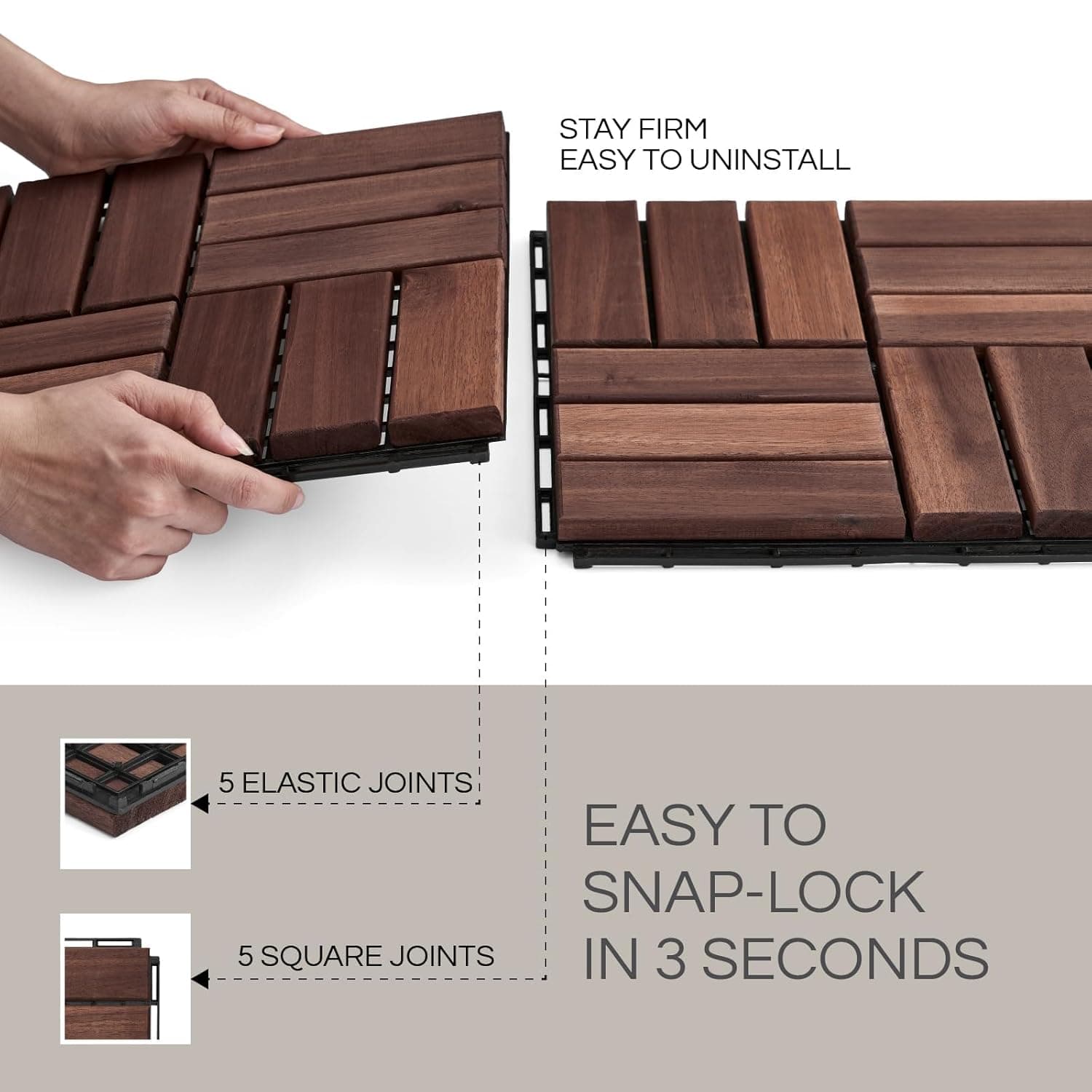 10 Pcs Deck Tiles, Patio Flooring - Outdoor Waterproof Acacia Wood Tiles for All Weather Use - Balcony, Backyard, Indoor & Outdoor (Dark Brown Crossed Pattern, 10 Square Ft) Dark Brown Crossed Pattern 10 Pcs - 10 Square Ft - Image 6