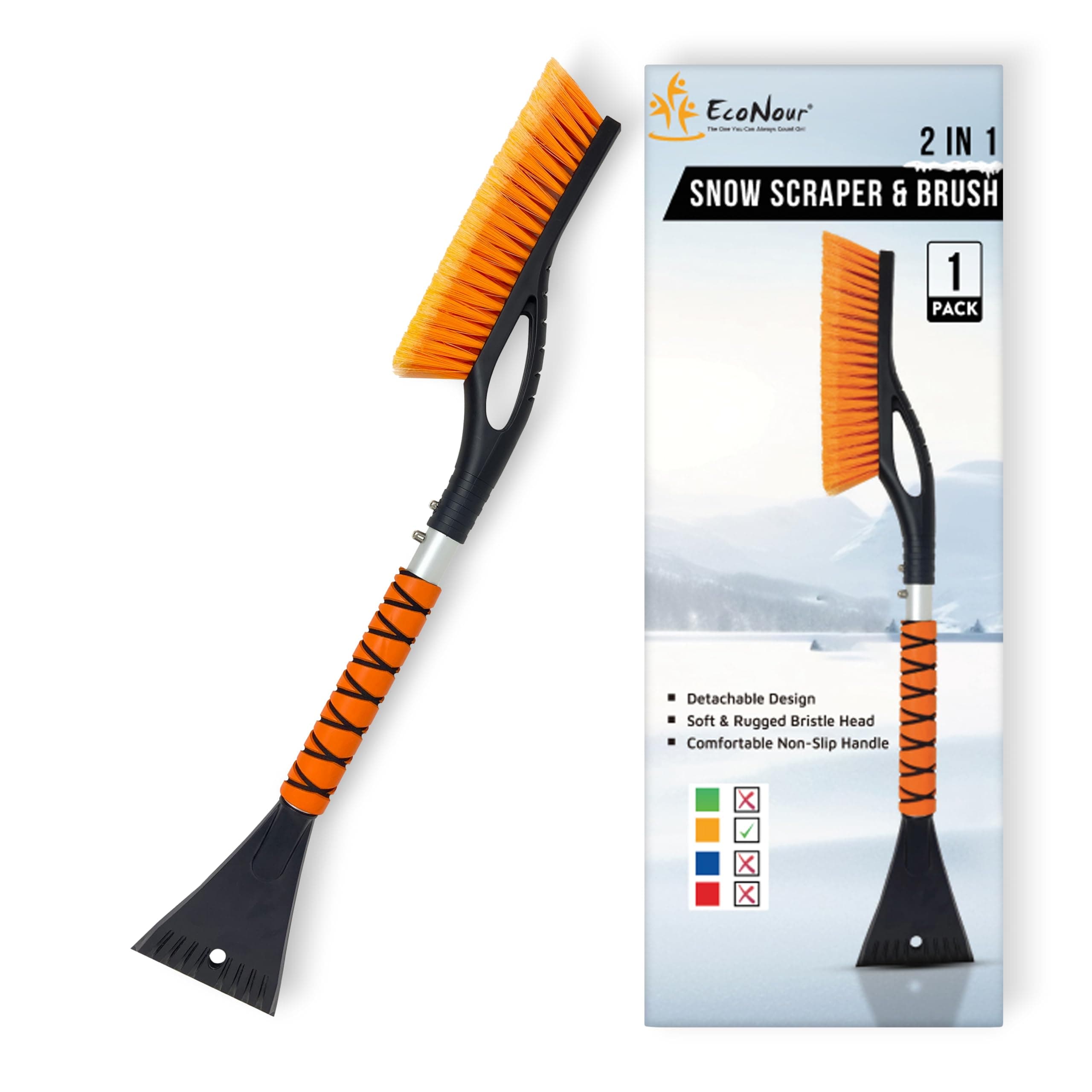 EcoNour 27" Aluminum Ice Scrapers for Car Windshield | Car Snow Scraper Window and Snow Brush with Ergonomic Foam Grip Winter Accessories (Orange) Orange 27"