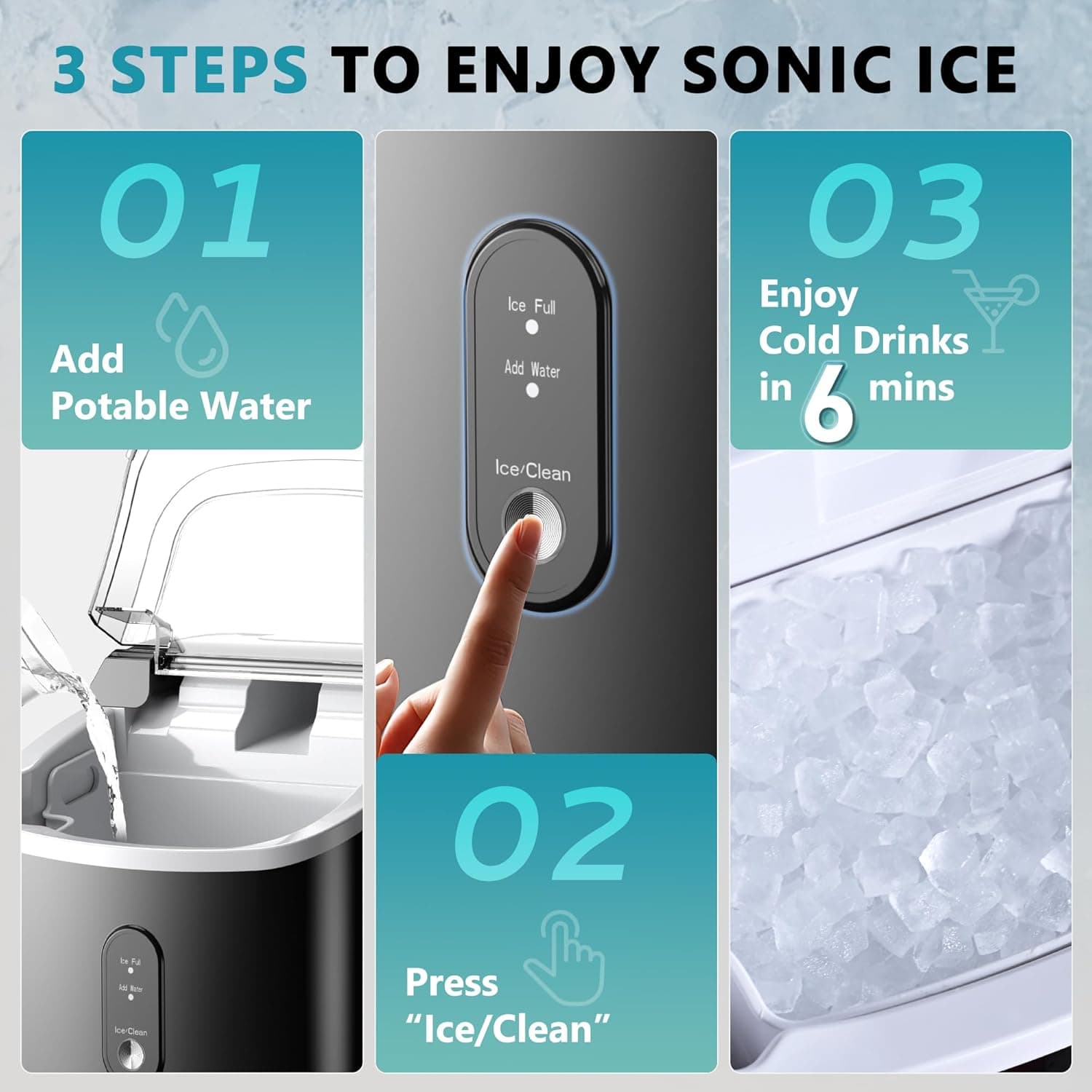 EUHOMY Nugget Ice Maker Countertop with Handle, Ready in 6 Mins, 34lbs Per Day, Removable Top Cover, Auto-Cleaning, Portable Sonic Ice Maker with Basket and Scoop, for Home/Party/RV/Camping (Black) - Image 7