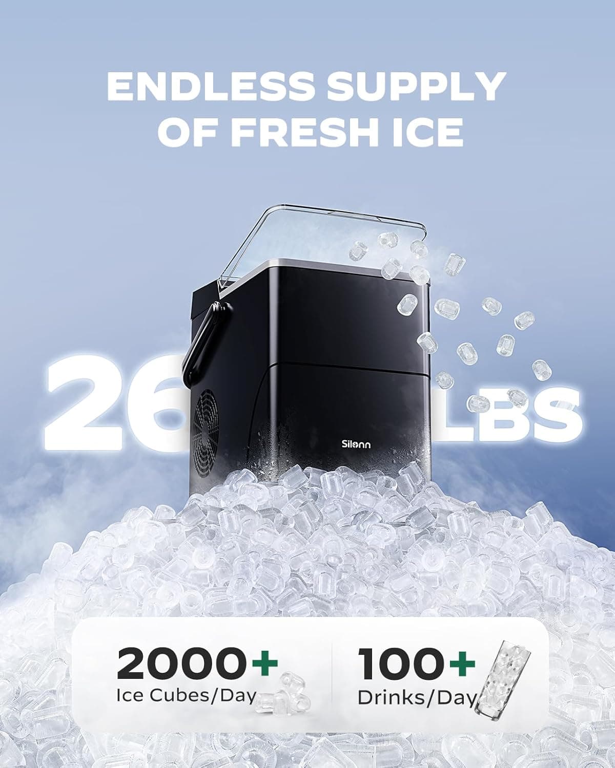 Silonn Countertop Ice Maker with Expanding Ice Basket, 9 Cubes in 6 Mins, 2.5L Ice Basket, Self-Cleaning Ice Maker with LED Touch Control, 2 Bullet Ice Sizes for Home, Kitchen, Office Black with Expanding Ice Basket - Image 5