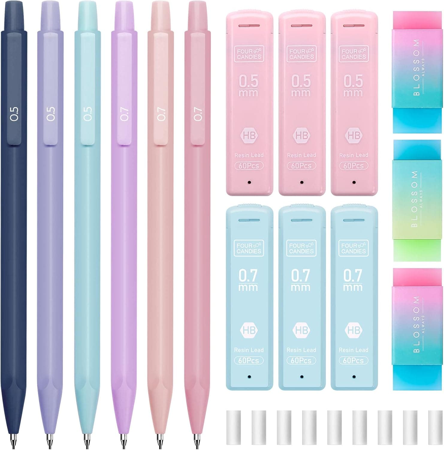 Four Candies Cute Mechanical Pencil Set, 6PCS Pastel Mechanical Pencils 0.5 & 0.7mm with 360PCS HB Leads, 3PCS Erasers and 9PCS Eraser Refills, Aesthetic School Supplies for Girls Writing 0.5mm + 0.7mm - Image 10